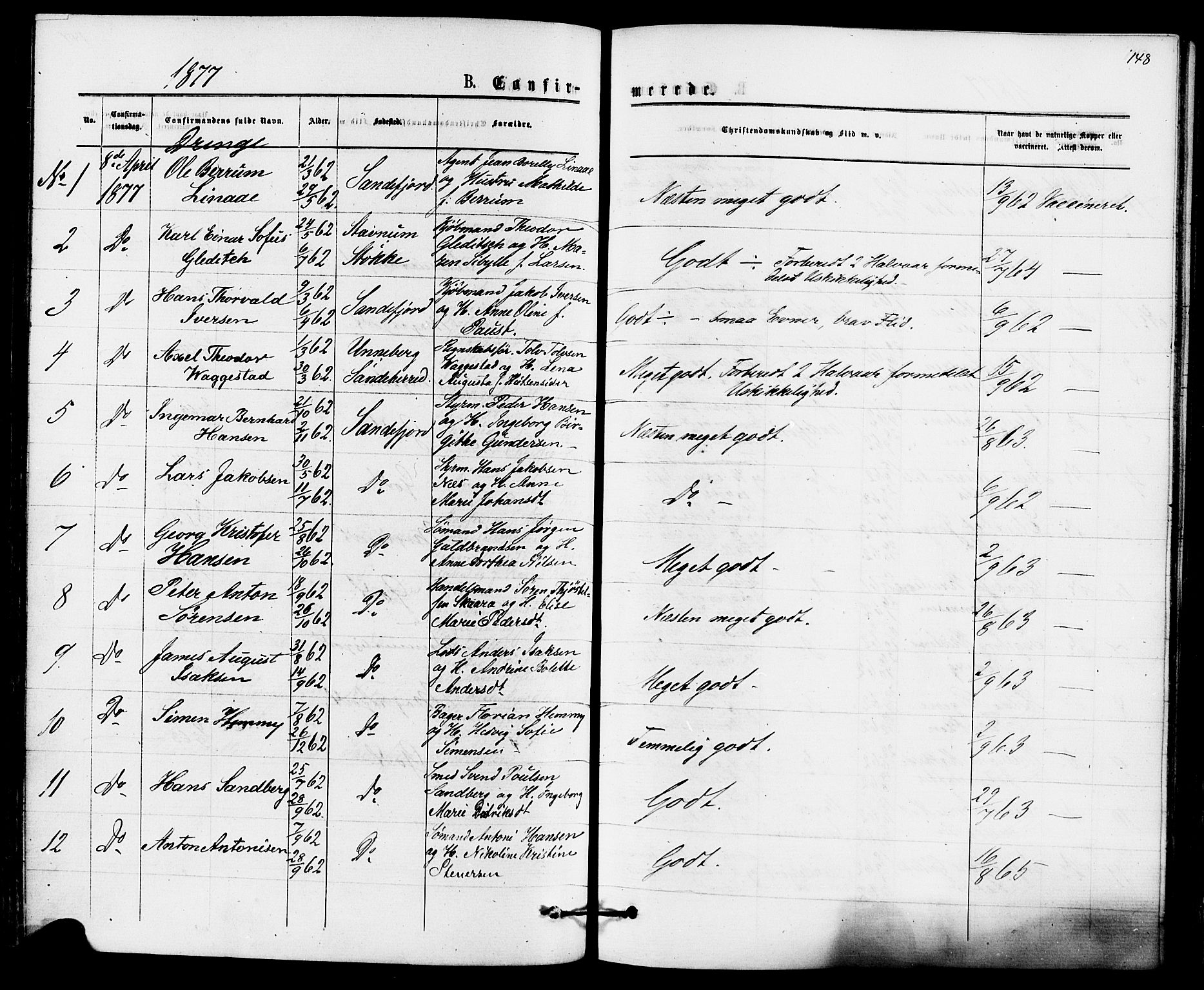 Sandefjord kirkebøker, SAKO/A-315/F/Fa/L0001: Parish register (official) no. 1, 1873-1879, p. 148