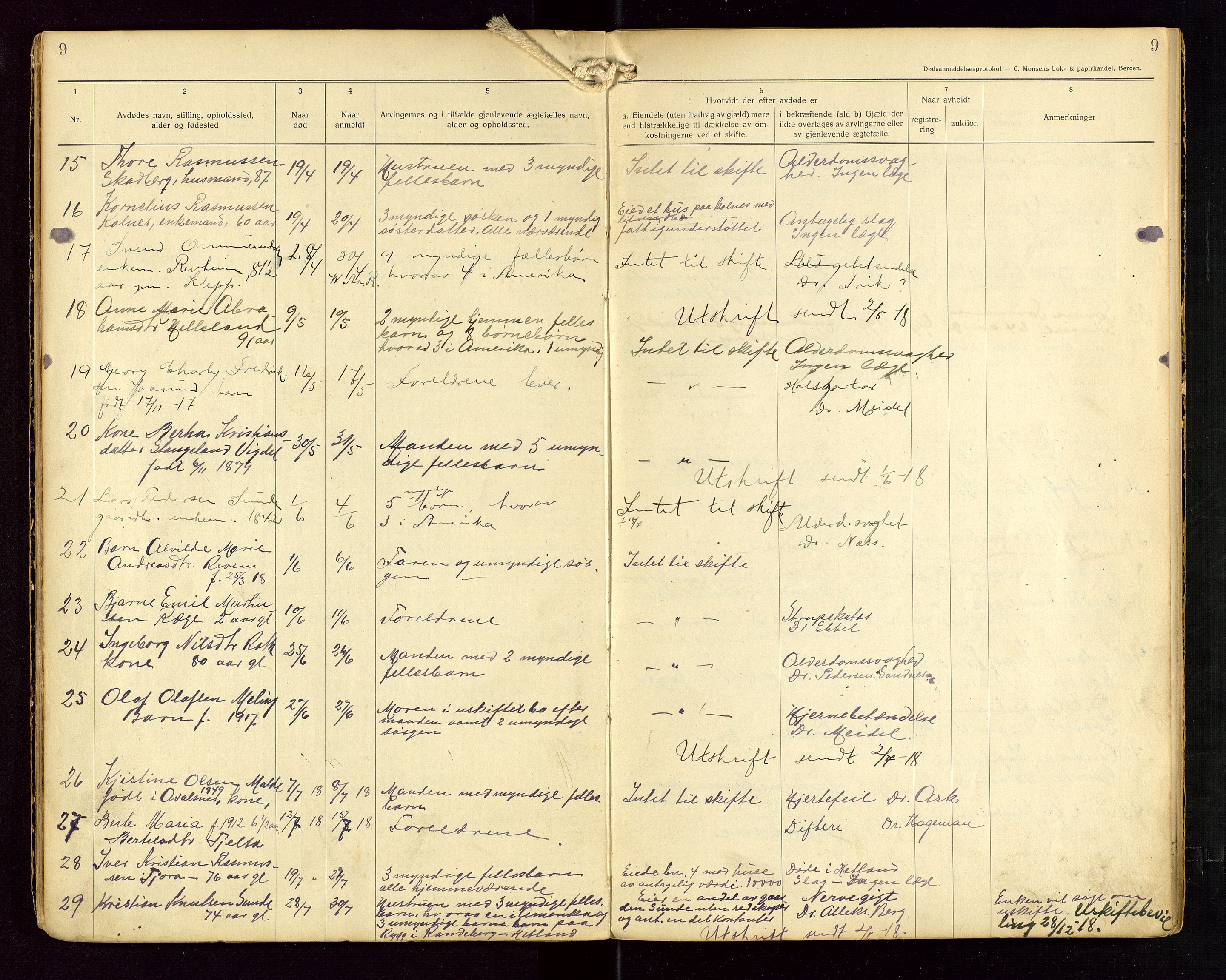 Håland lensmannskontor, AV/SAST-A-100100/Gga/L0002: "Dødsanmeldelser fra 6/9 1916 til 1926 i Haaland", 1916-1926, p. 9