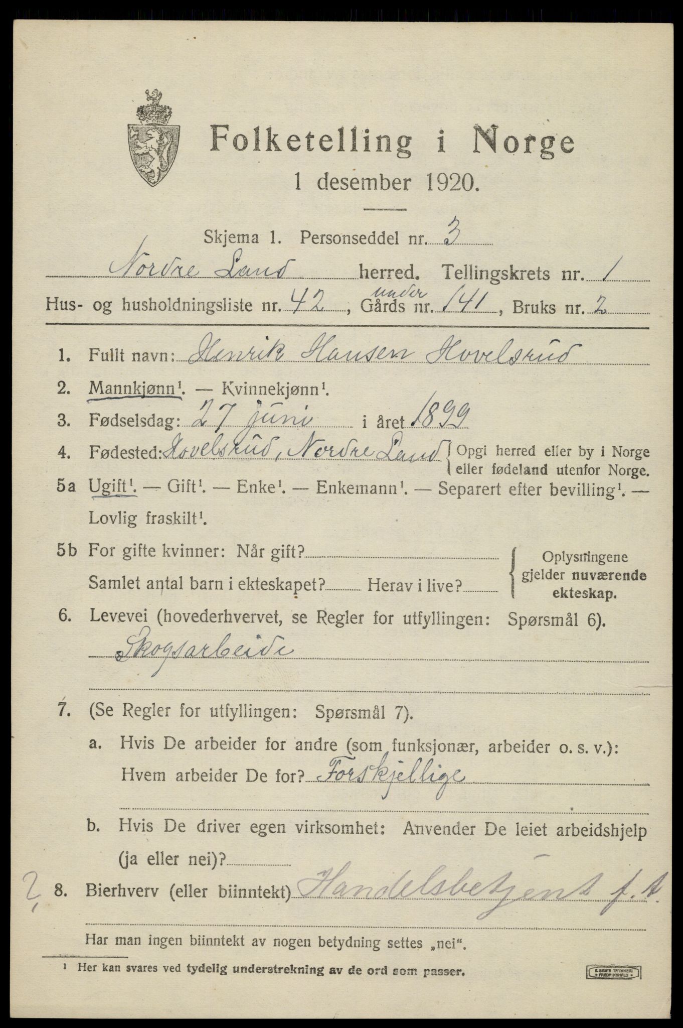 SAH, 1920 census for Nordre Land, 1920, p. 1578