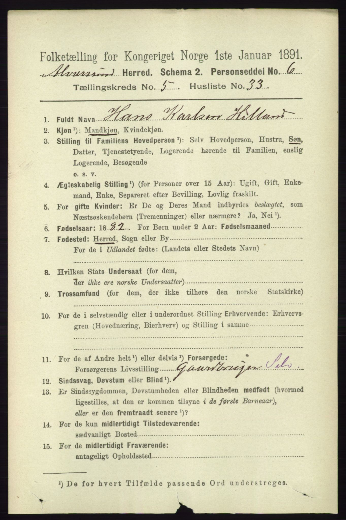 RA, 1891 census for 1257 Alversund, 1891, p. 1999