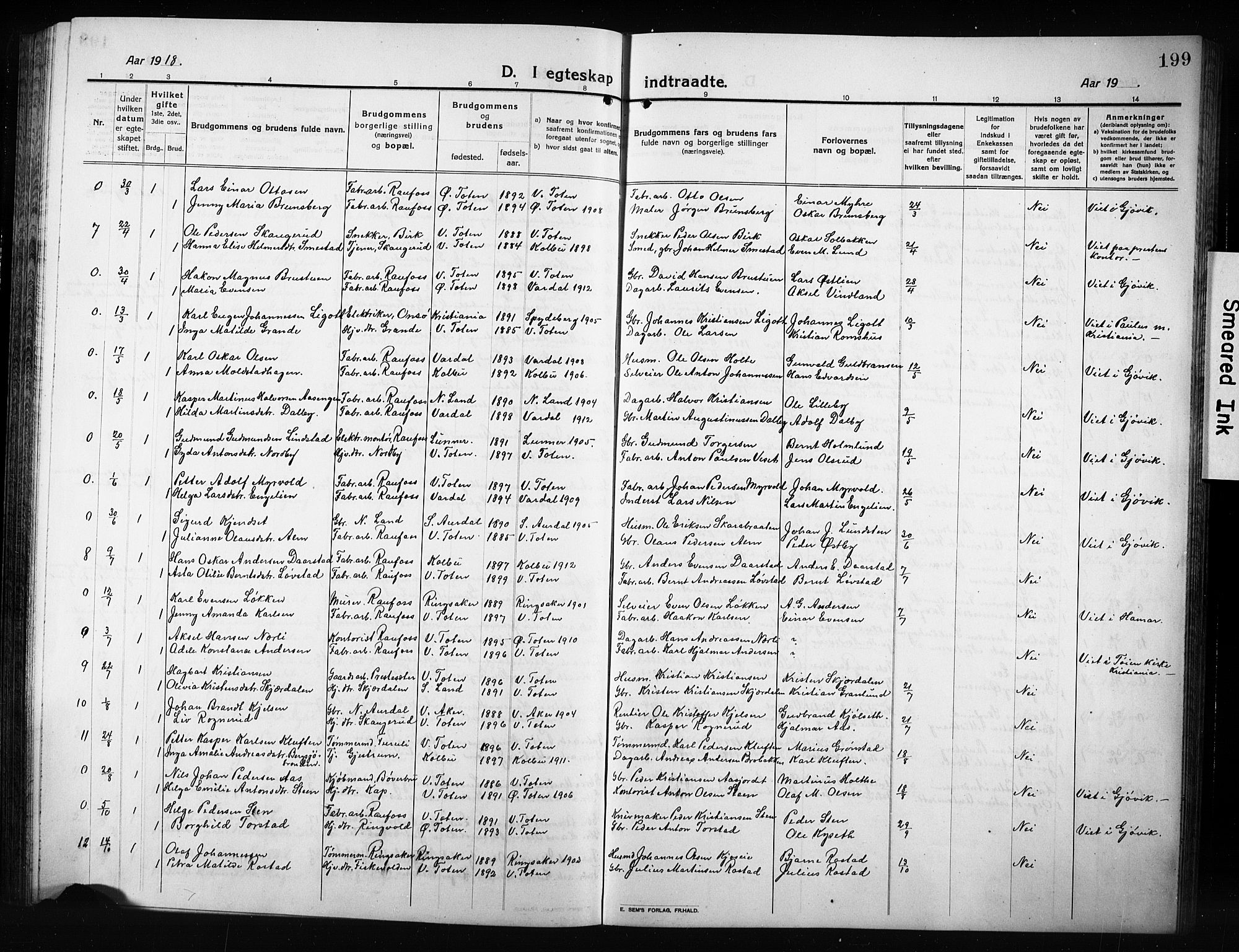 Vestre Toten prestekontor, SAH/PREST-108/H/Ha/Hab/L0012: Parish register (copy) no. 12, 1909-1928, p. 199