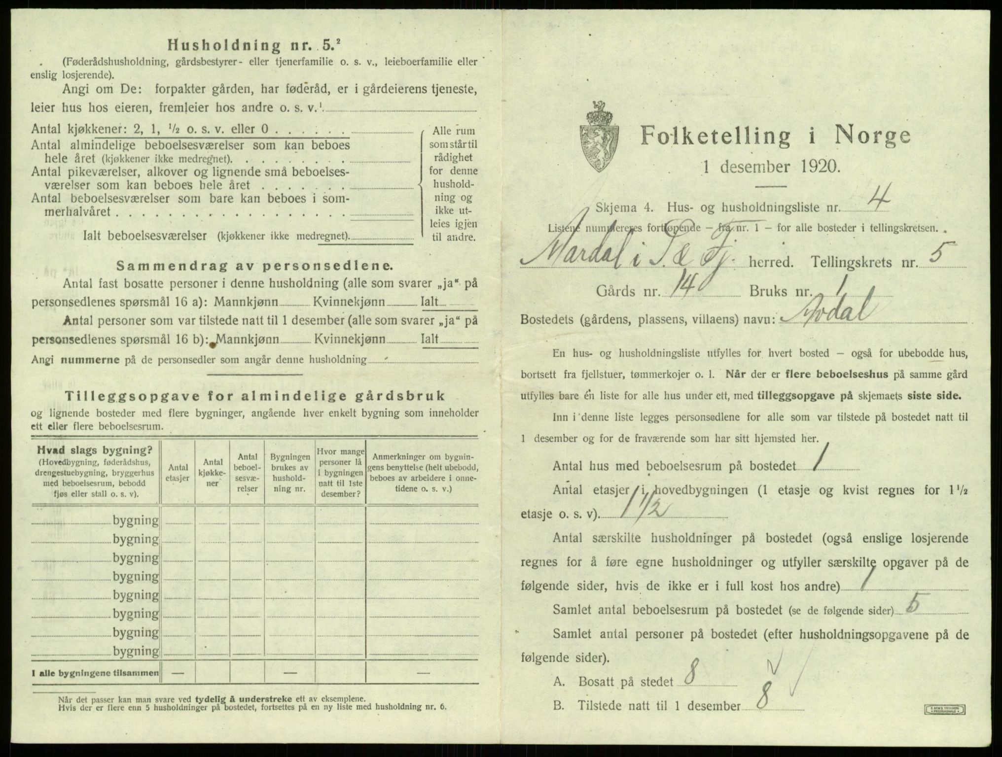 SAB, 1920 census for Årdal, 1920, p. 374