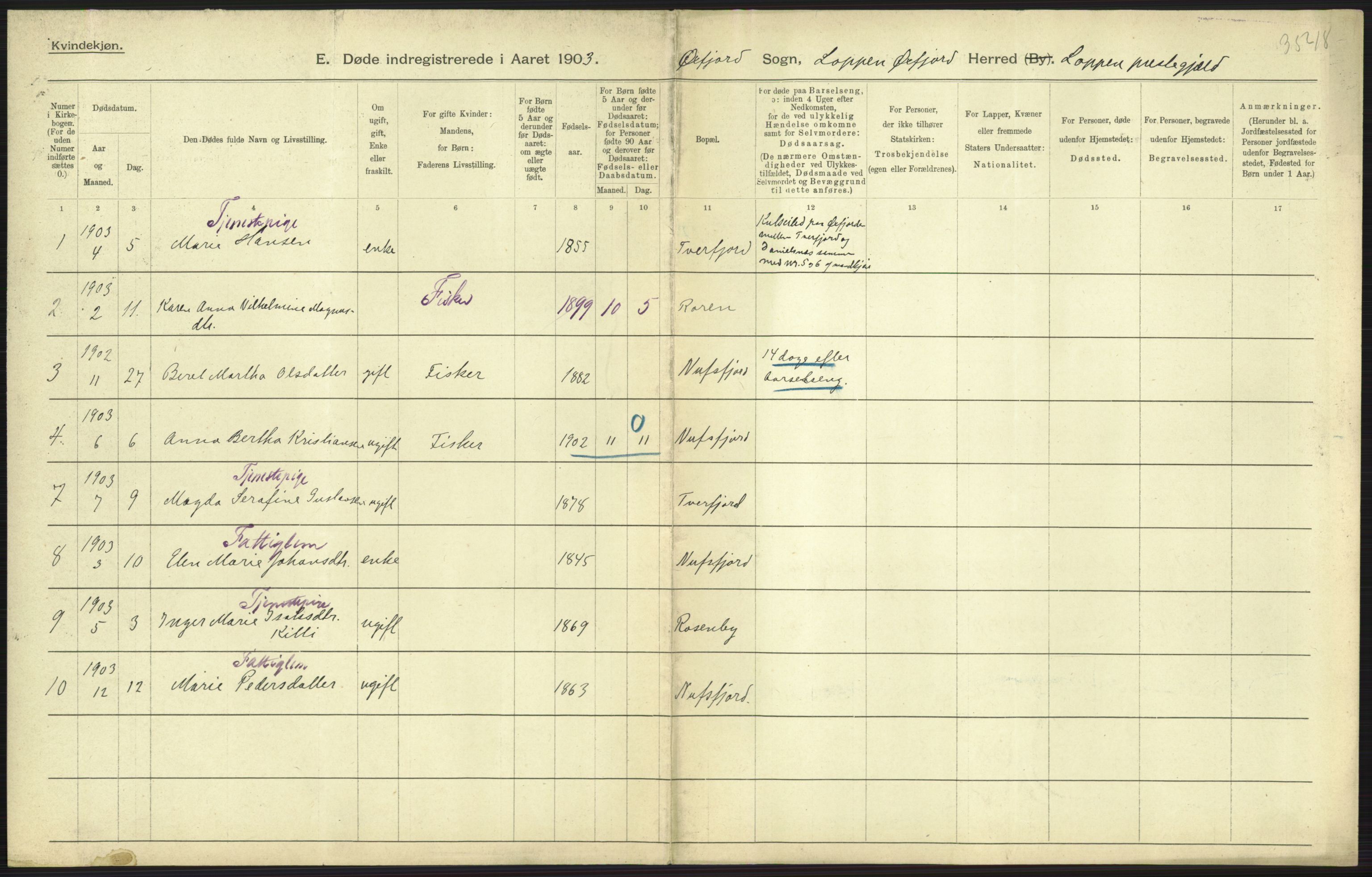 Statistisk sentralbyrå, Sosiodemografiske emner, Befolkning, RA/S-2228/D/Df/Dfa/Dfaa/L0022: Finnmarkens amt: Fødte, gifte, døde., 1903, p. 223