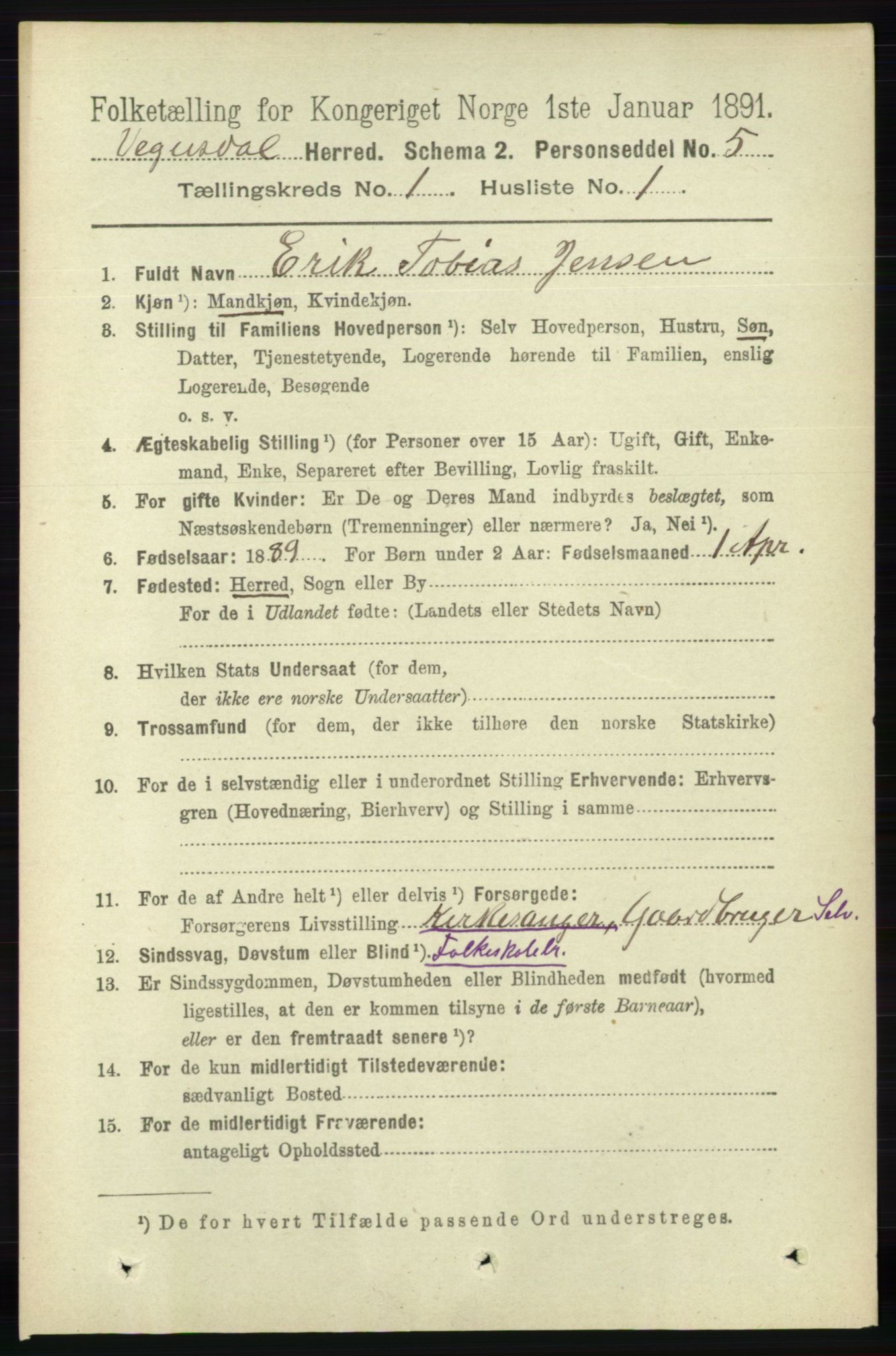 RA, 1891 census for 0934 Vegusdal, 1891, p. 58