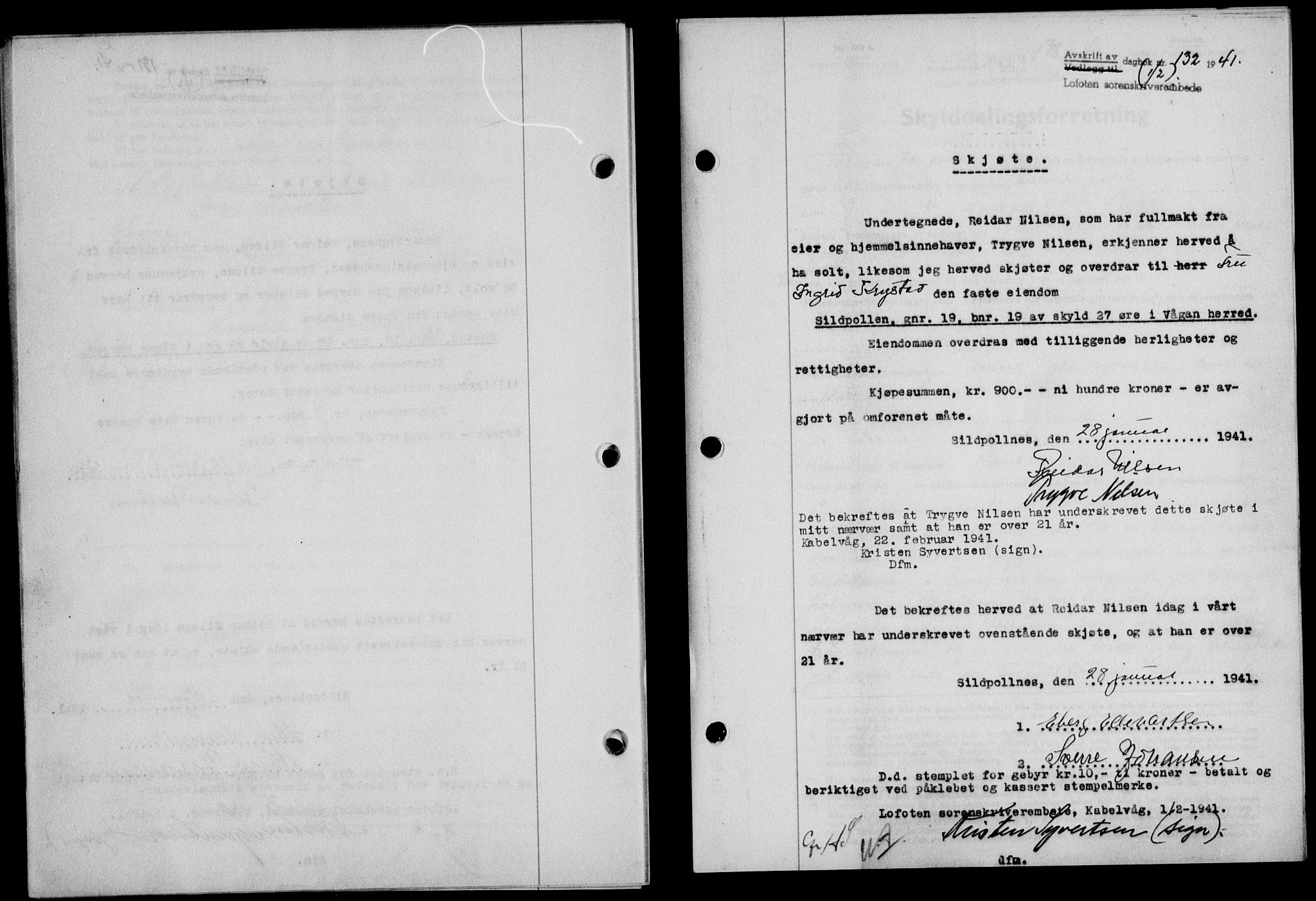 Lofoten sorenskriveri, SAT/A-0017/1/2/2C/L0008a: Mortgage book no. 8a, 1940-1941, Diary no: : 132/1941