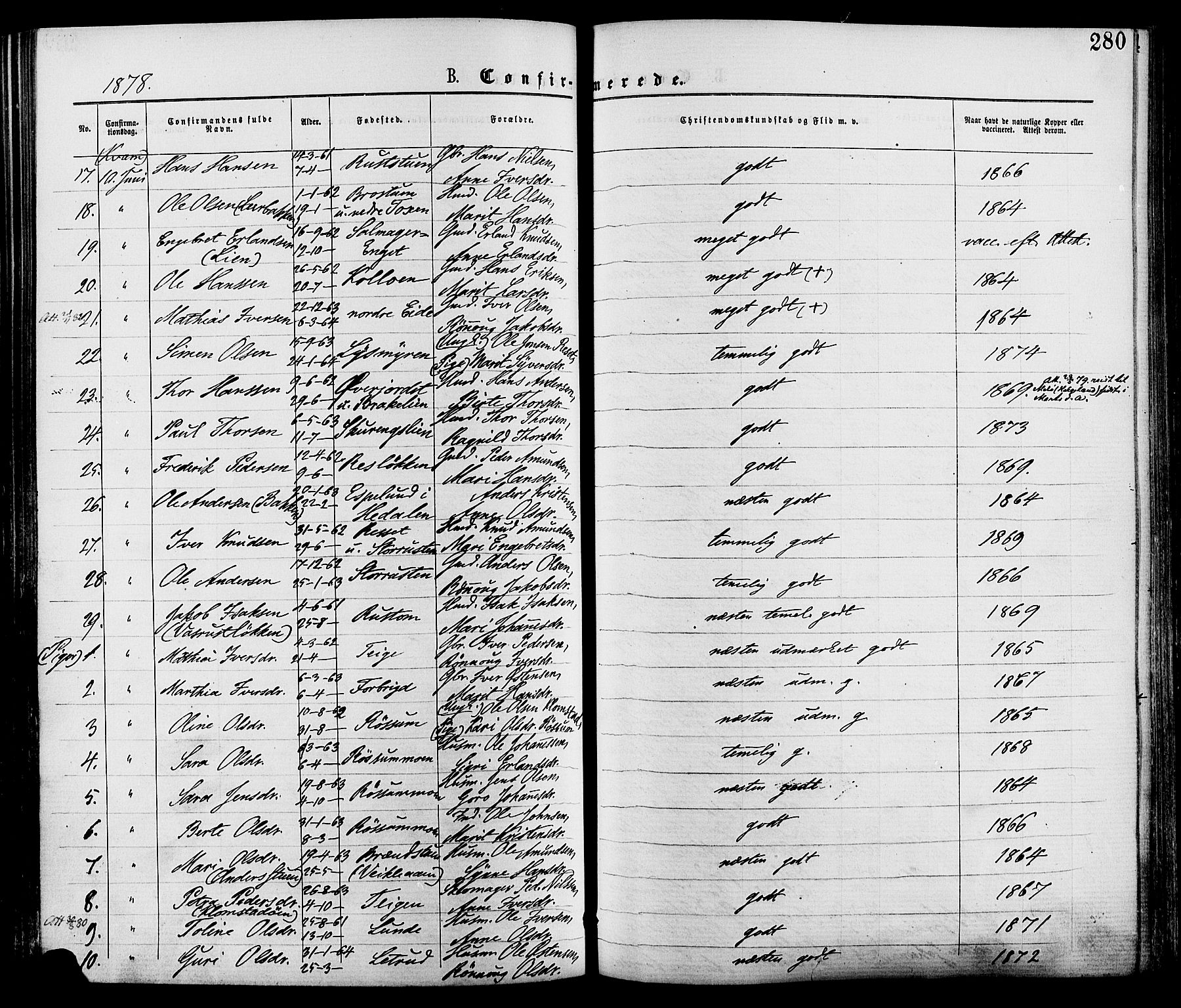 Nord-Fron prestekontor, SAH/PREST-080/H/Ha/Haa/L0002: Parish register (official) no. 2, 1865-1883, p. 280