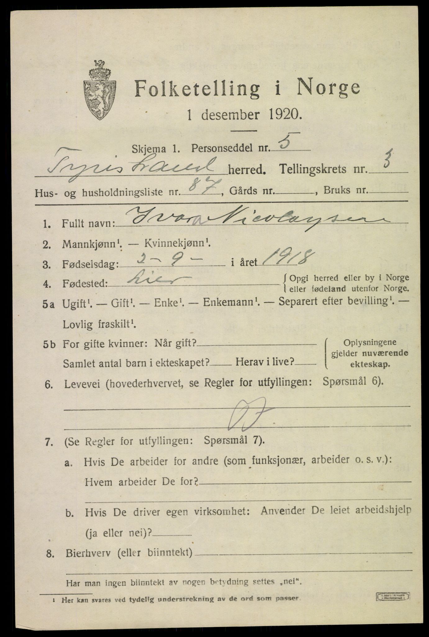 SAKO, 1920 census for Tyristrand, 1920, p. 2984