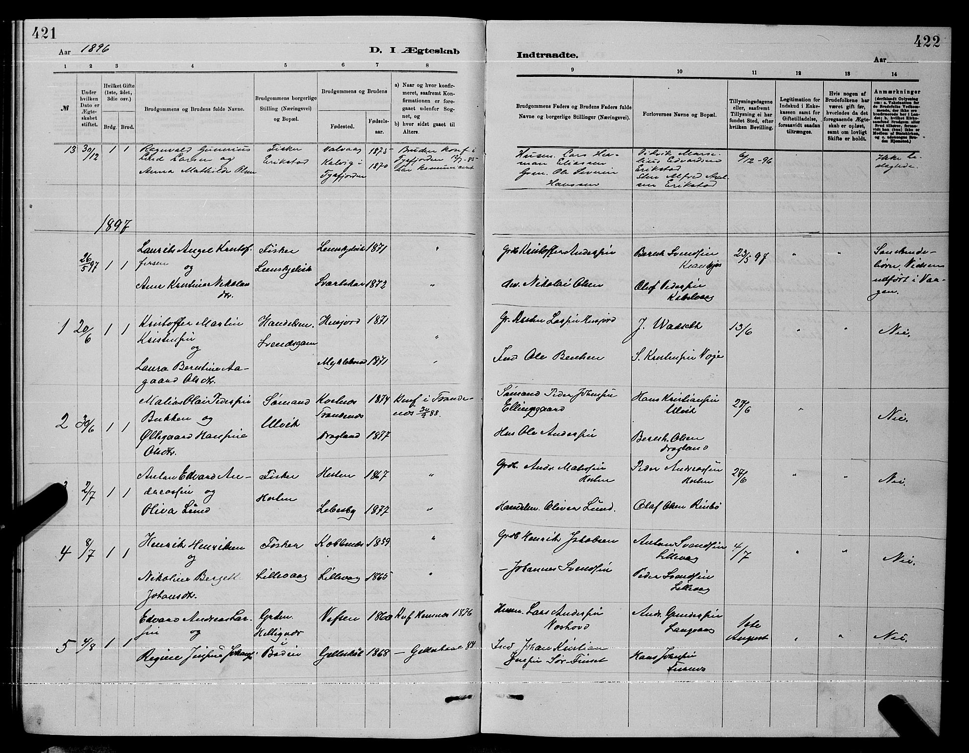 Ministerialprotokoller, klokkerbøker og fødselsregistre - Nordland, AV/SAT-A-1459/872/L1047: Parish register (copy) no. 872C03, 1880-1897, p. 421-422