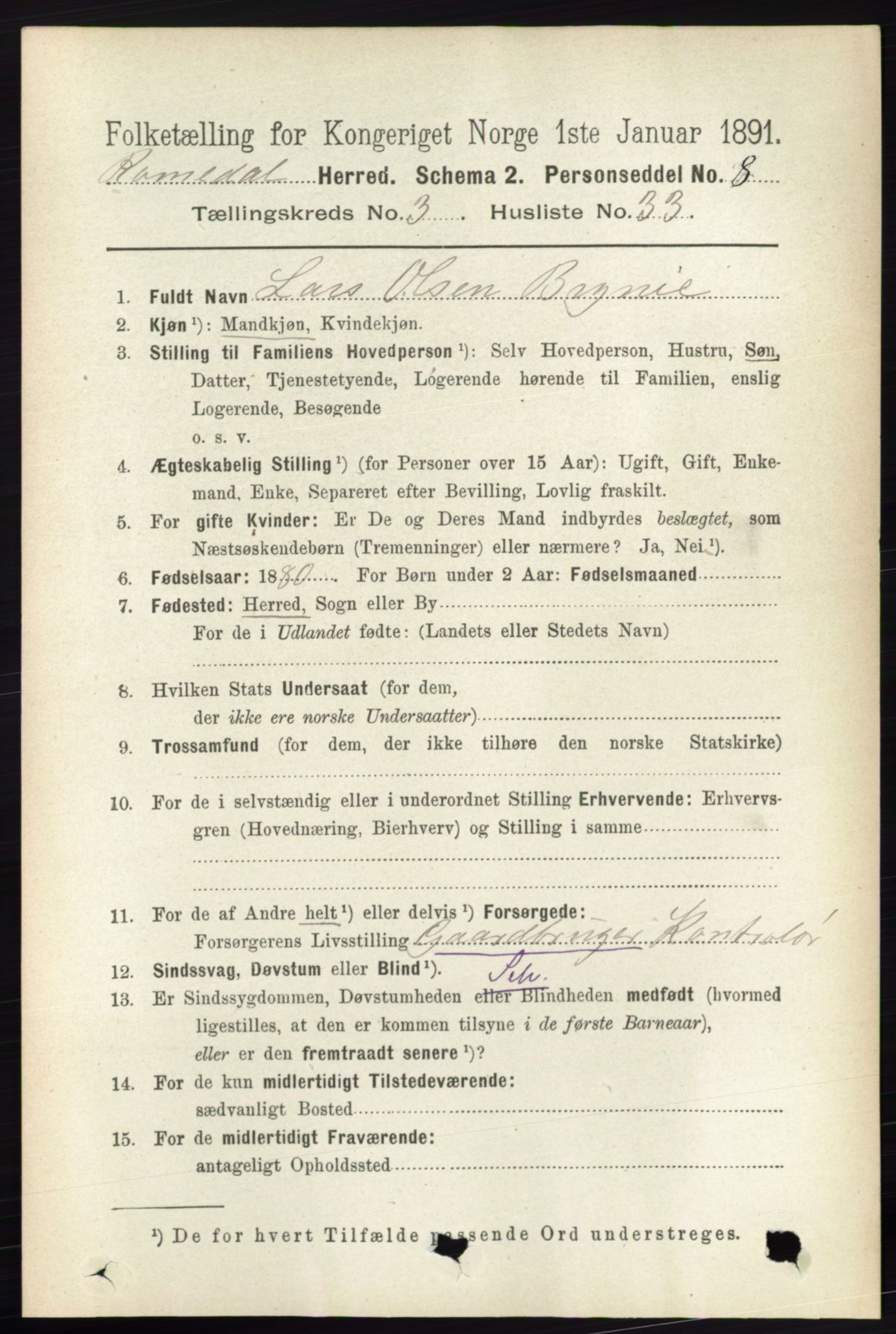 RA, 1891 census for 0416 Romedal, 1891, p. 1603