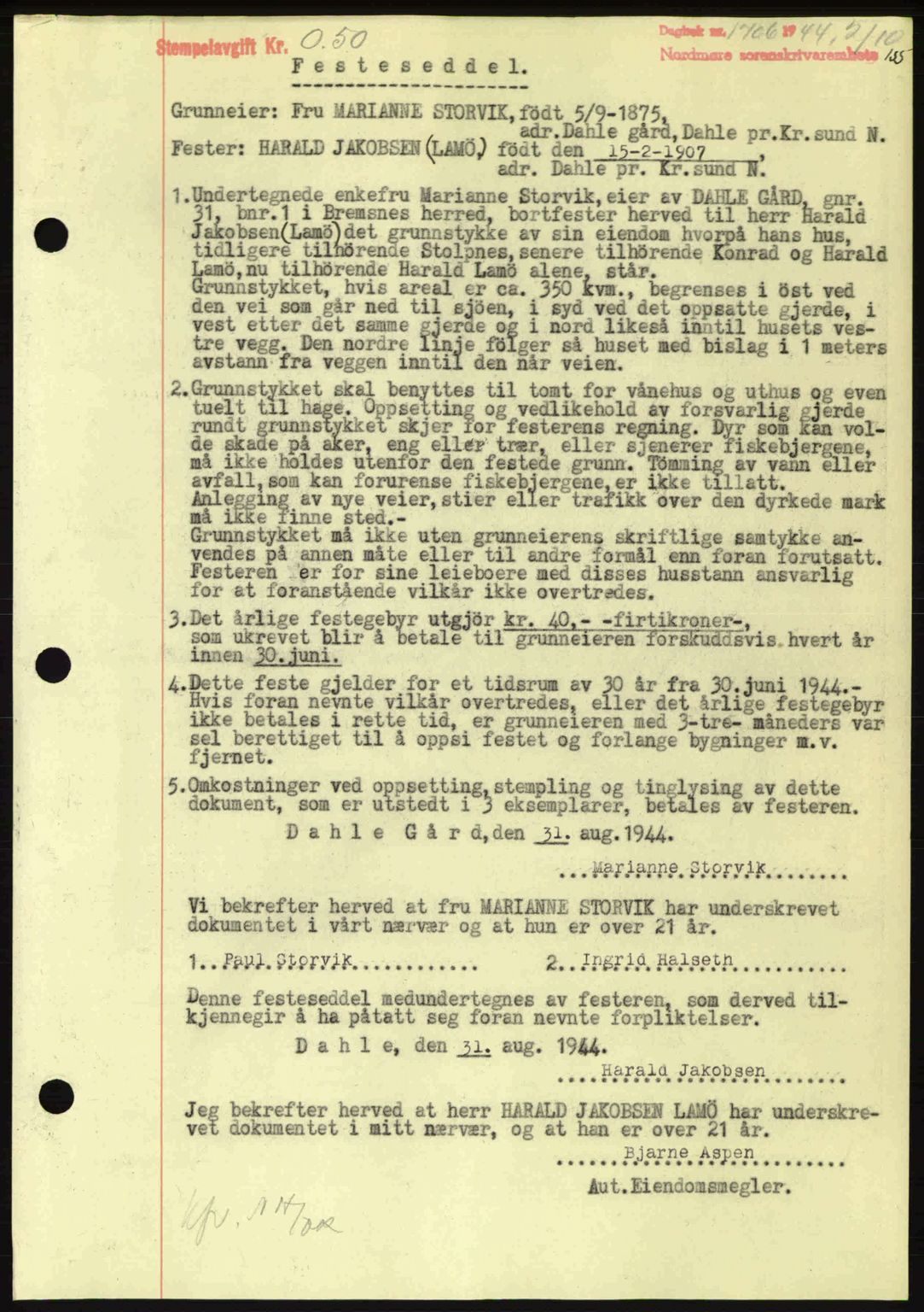 Nordmøre sorenskriveri, AV/SAT-A-4132/1/2/2Ca: Mortgage book no. B92, 1944-1945, Diary no: : 1706/1944