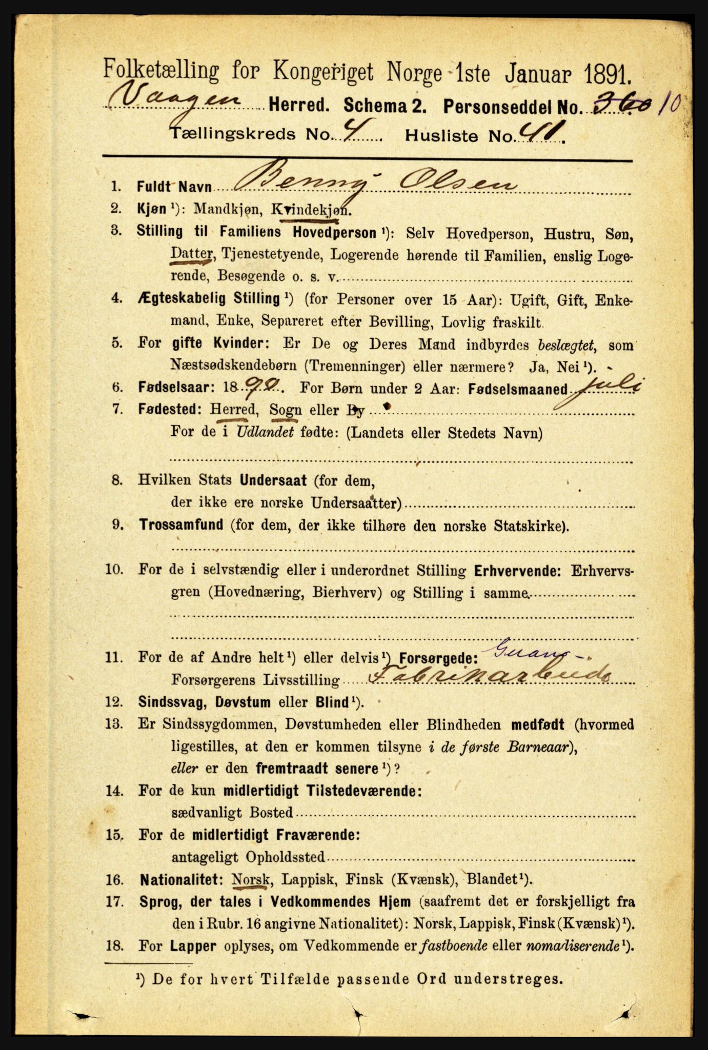 RA, 1891 census for 1865 Vågan, 1891, p. 1300