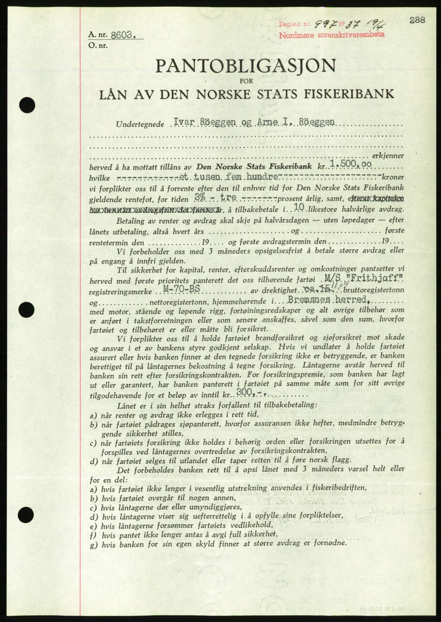 Nordmøre sorenskriveri, AV/SAT-A-4132/1/2/2Ca/L0091: Mortgage book no. B81, 1937-1937, Diary no: : 997/1937