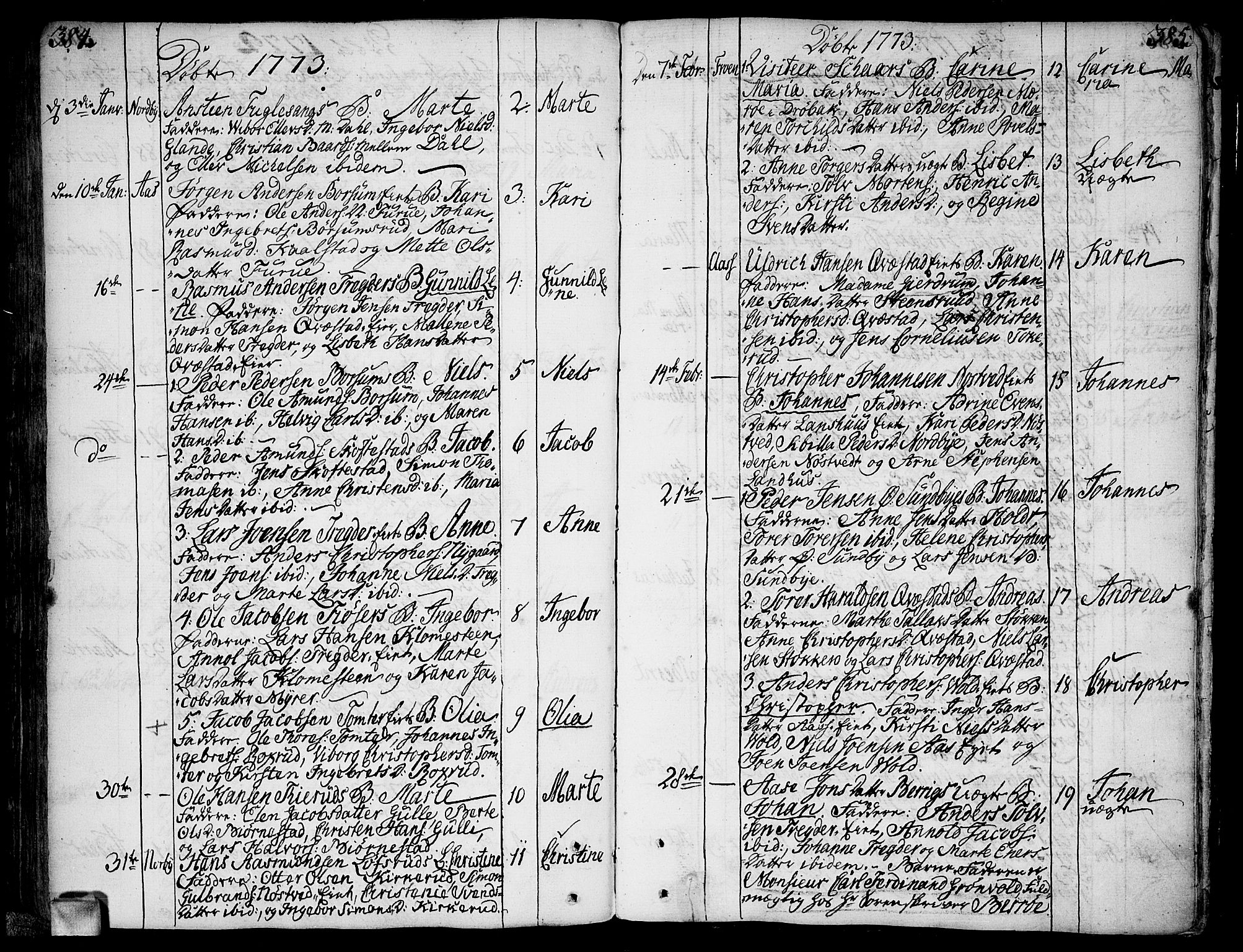 Ås prestekontor Kirkebøker, SAO/A-10894/F/Fa/L0001: Parish register (official) no. I 1, 1742-1778, p. 384-385