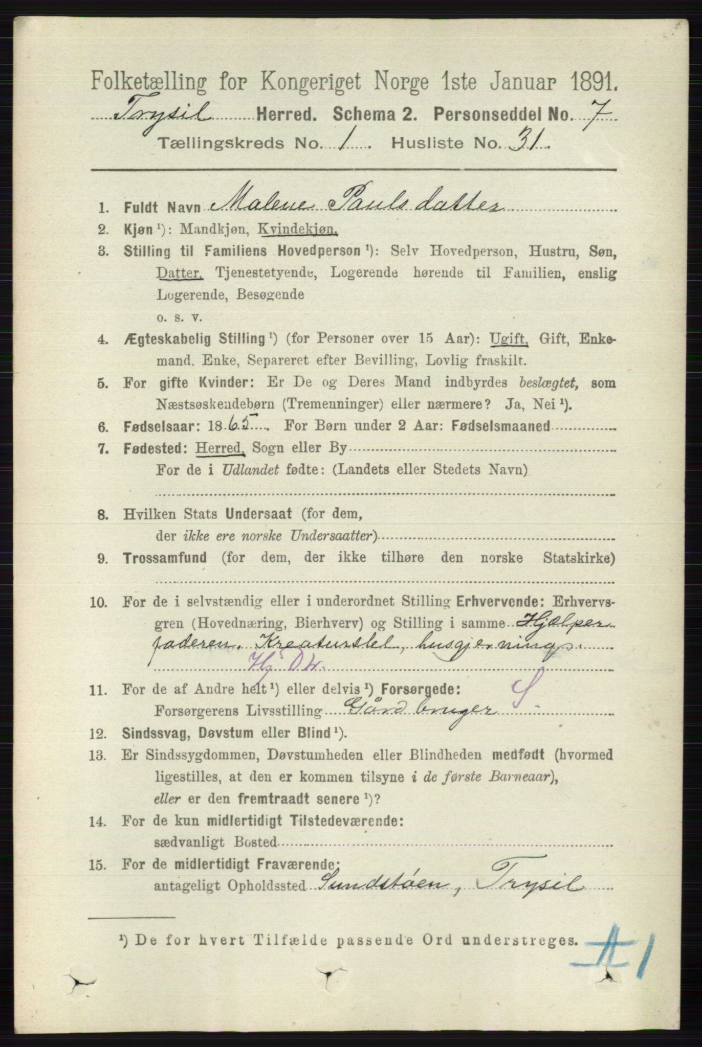 RA, 1891 census for 0428 Trysil, 1891, p. 327