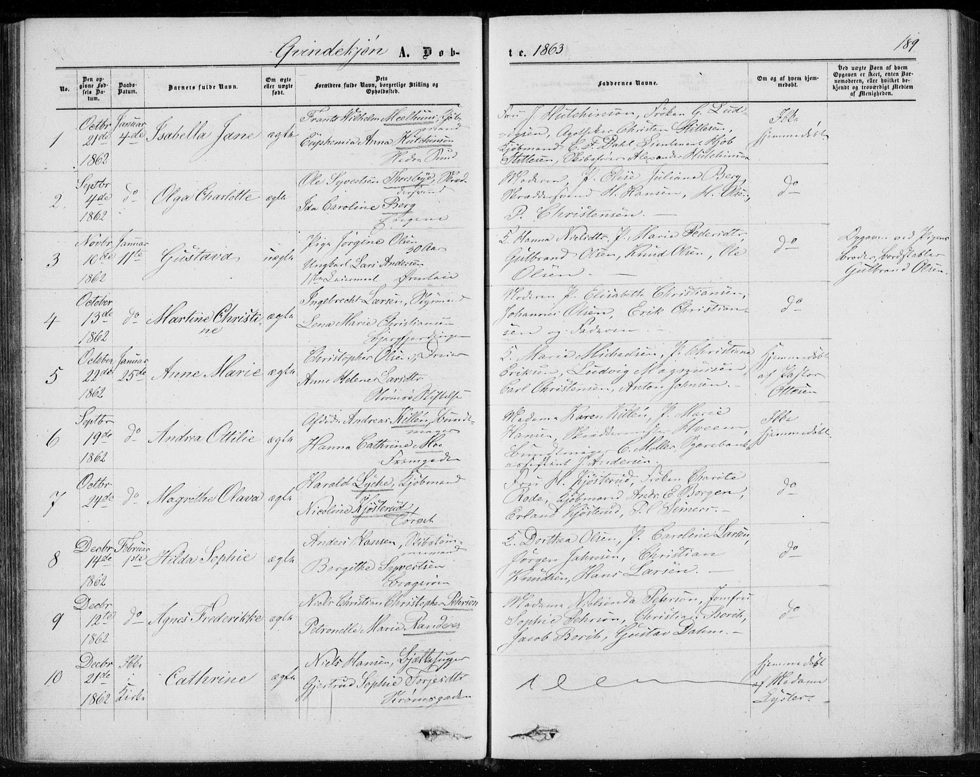 Bragernes kirkebøker, SAKO/A-6/F/Fb/L0003: Parish register (official) no. II 3, 1860-1868, p. 189