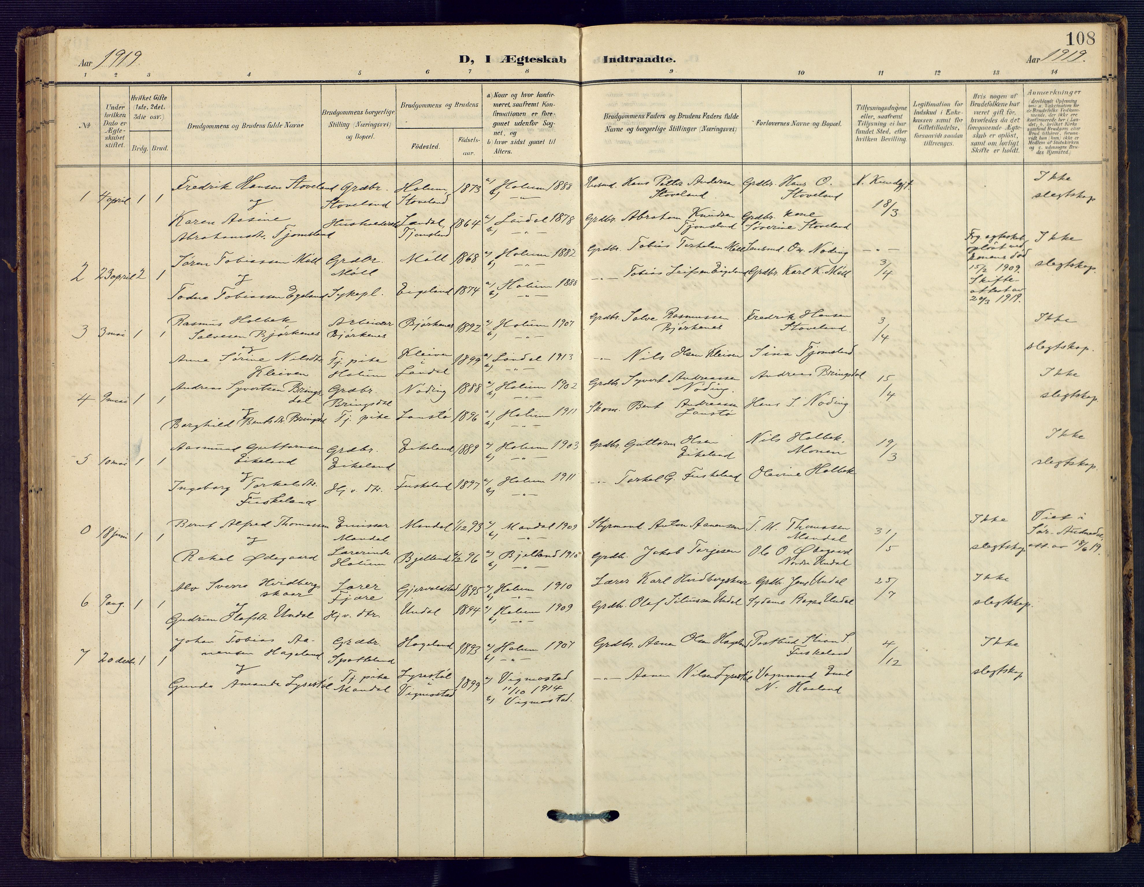 Holum sokneprestkontor, SAK/1111-0022/F/Fa/Faa/L0008: Parish register (official) no. A 8, 1908-1929, p. 108
