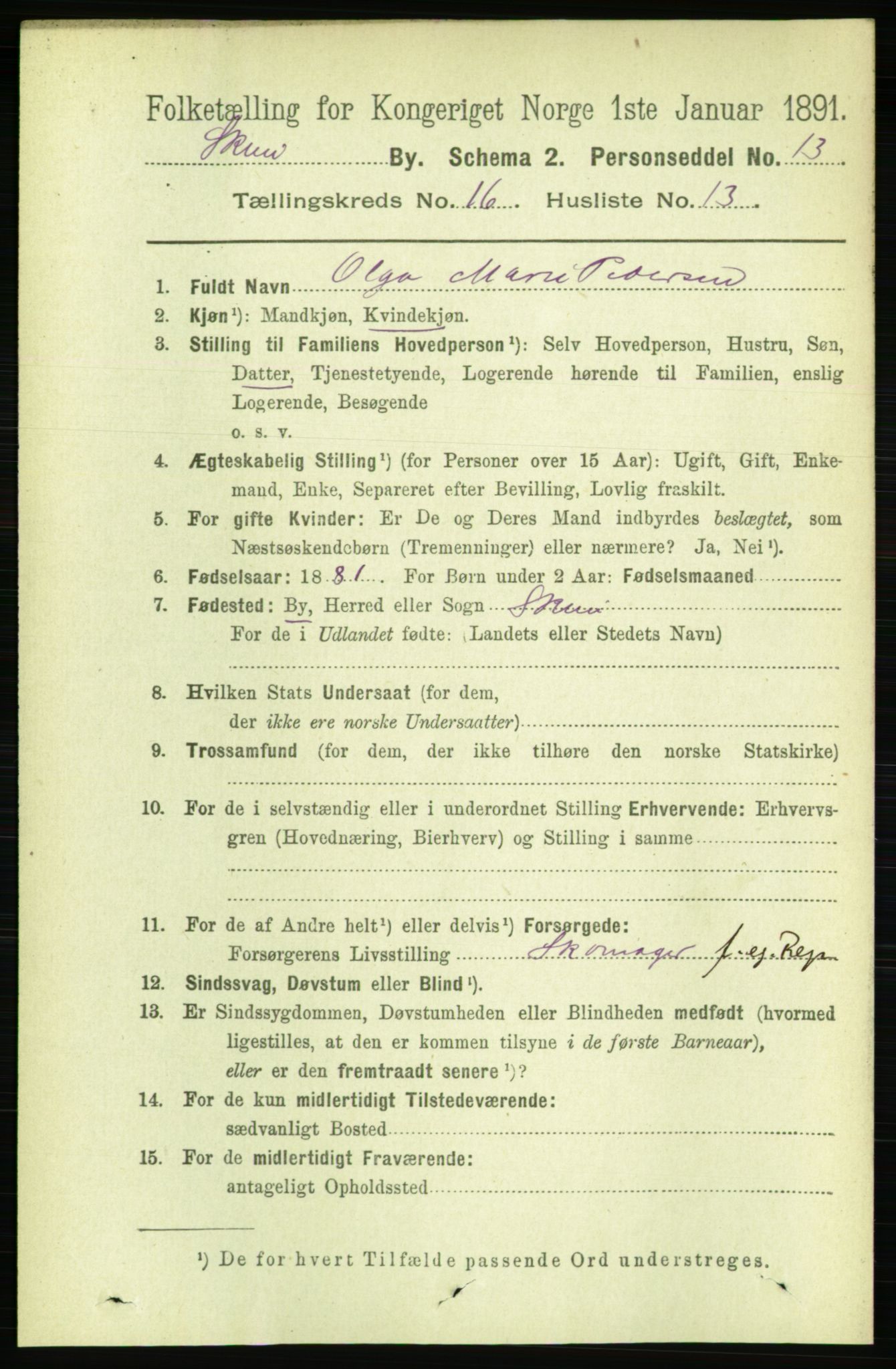 RA, 1891 census for 0806 Skien, 1891, p. 4657