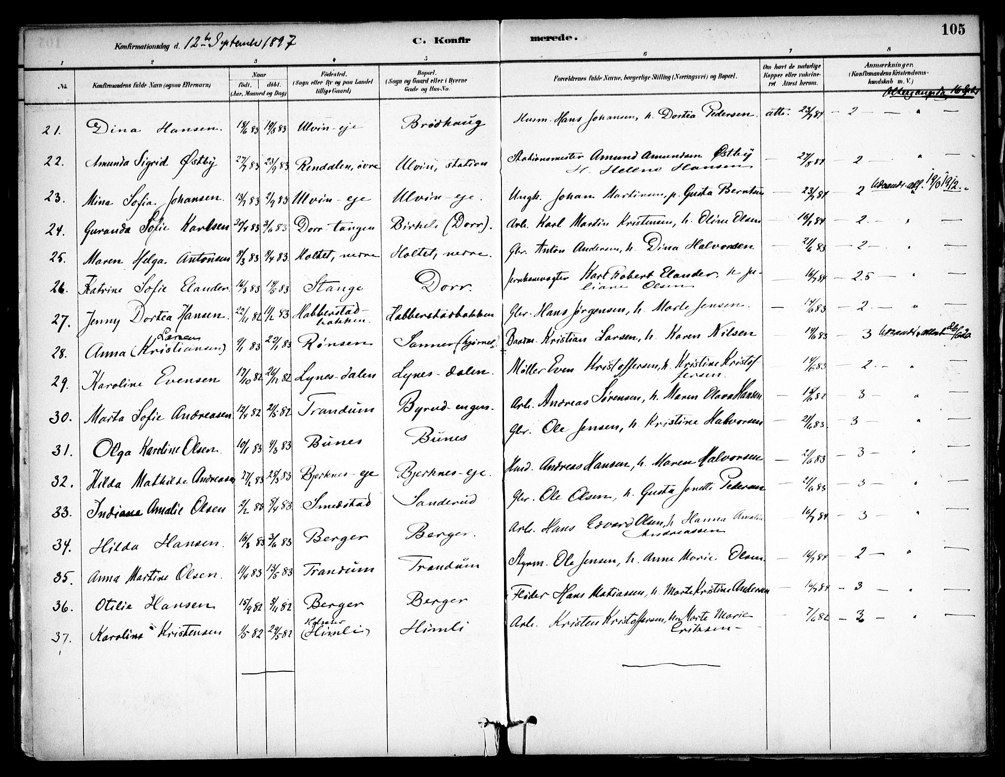 Eidsvoll prestekontor Kirkebøker, AV/SAO-A-10888/F/Fb/L0001: Parish register (official) no. II 1, 1882-1897, p. 105