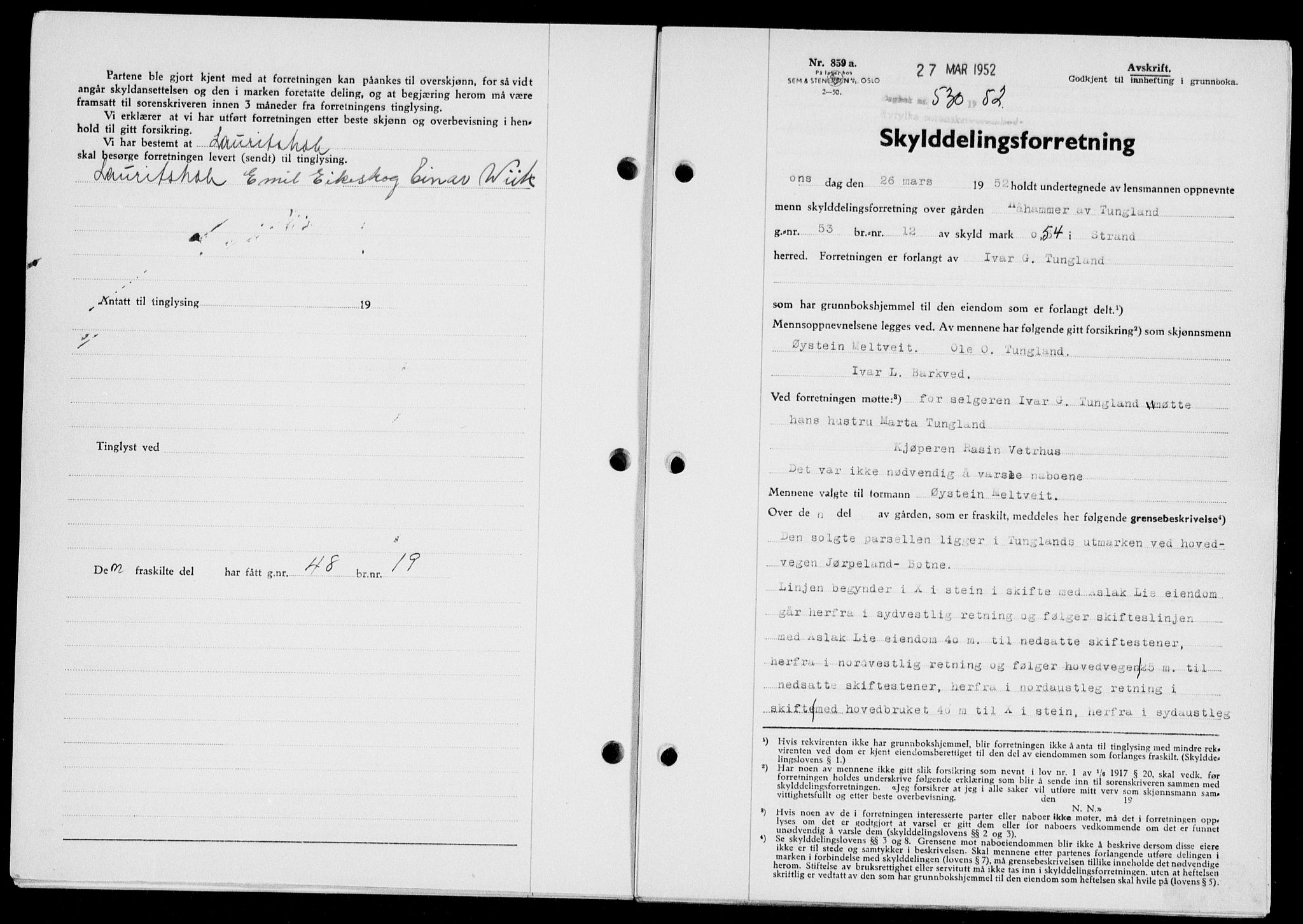 Ryfylke tingrett, SAST/A-100055/001/II/IIB/L0116: Mortgage book no. 95, 1951-1952, Diary no: : 530/1952