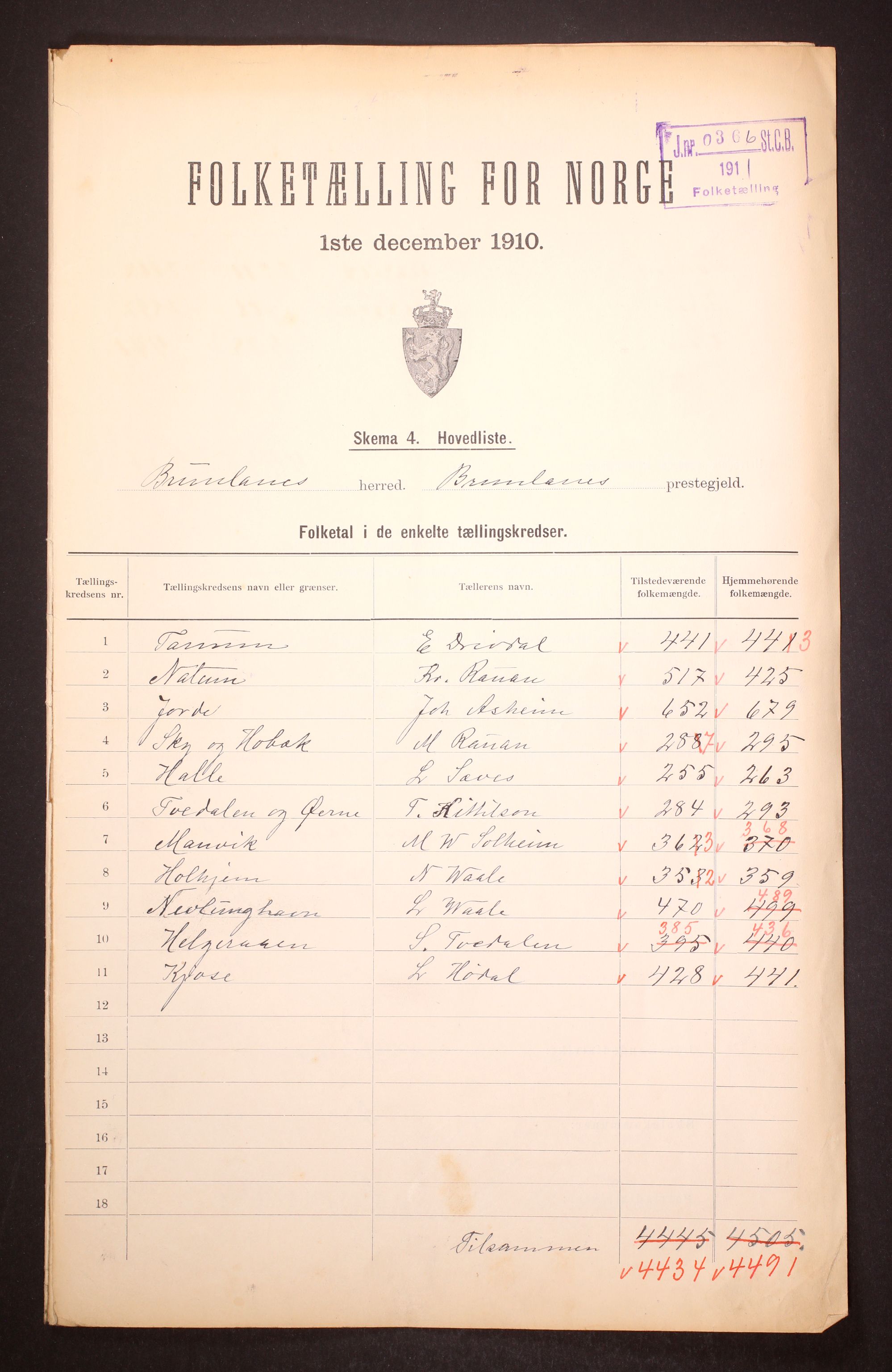 RA, 1910 census for Brunlanes, 1910, p. 2