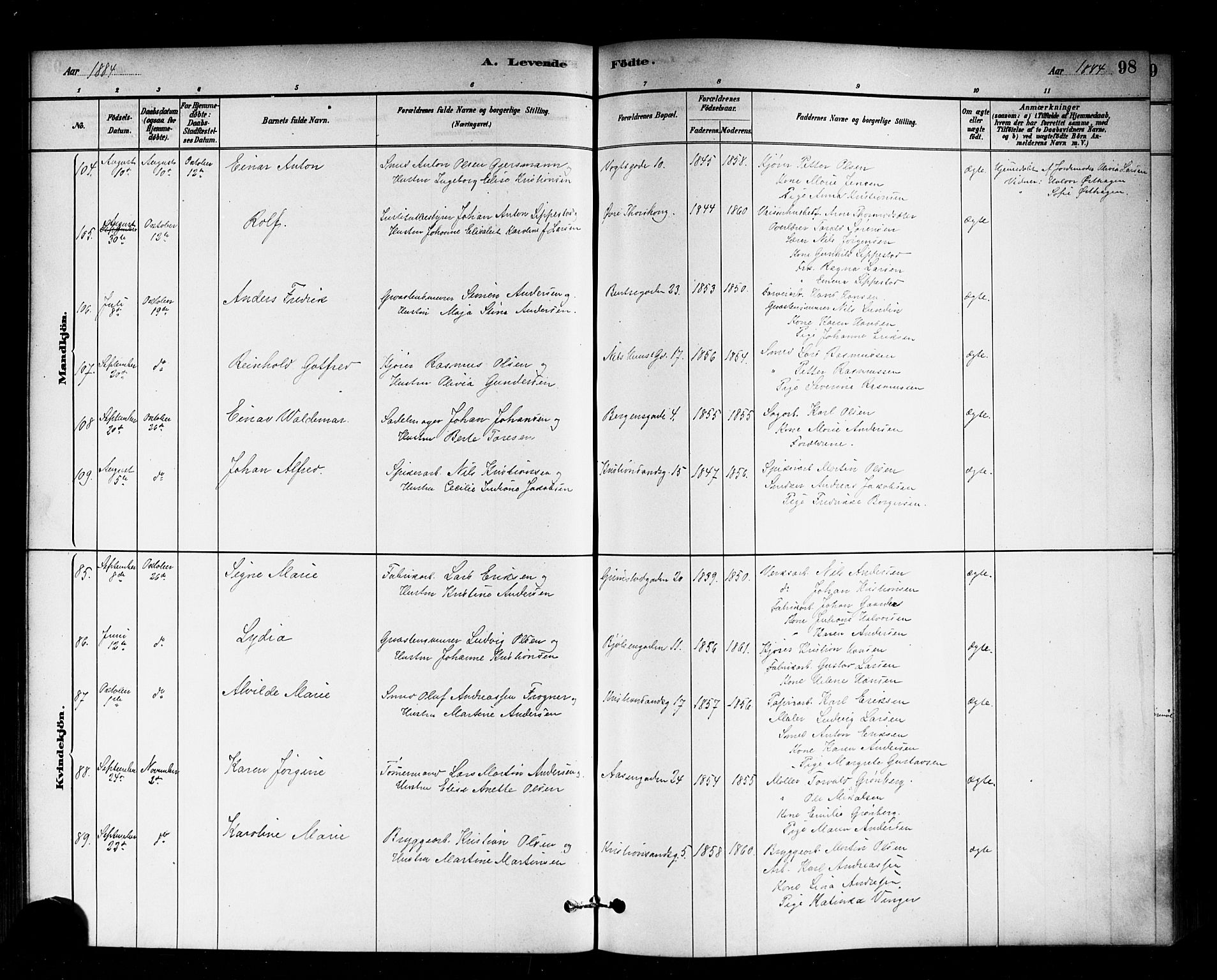Sagene prestekontor Kirkebøker, SAO/A-10796/G/L0001: Parish register (copy) no. 1, 1880-1891, p. 98