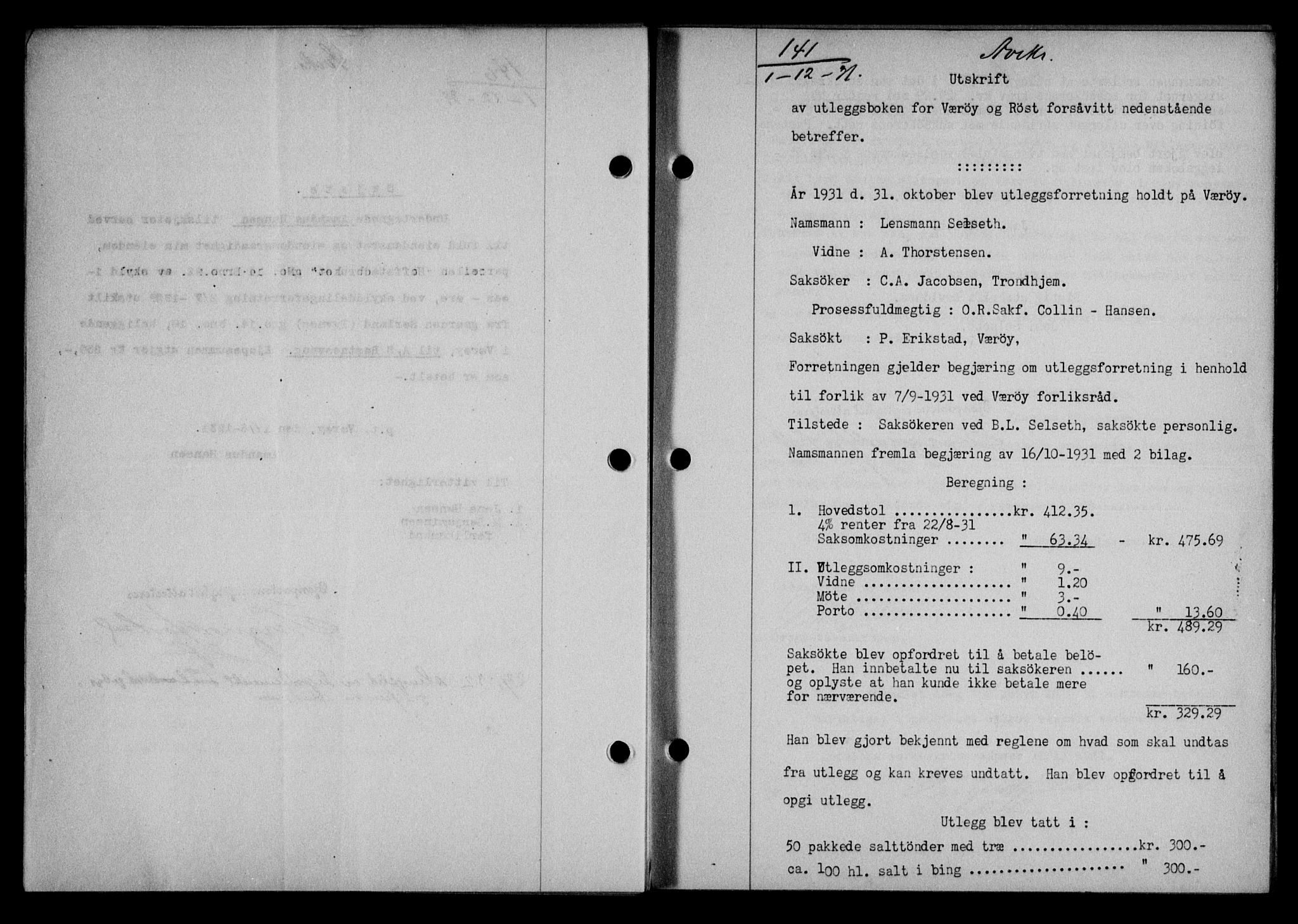 Lofoten sorenskriveri, SAT/A-0017/1/2/2C/L0024b: Mortgage book no. 24b, 1931-1931, Deed date: 01.12.1931