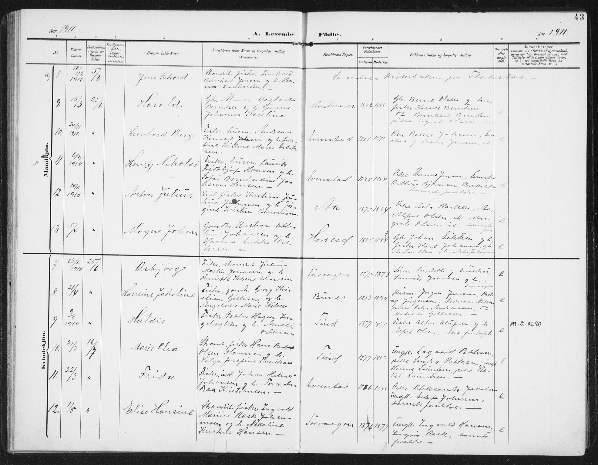 Ministerialprotokoller, klokkerbøker og fødselsregistre - Nordland, SAT/A-1459/886/L1221: Parish register (official) no. 886A03, 1903-1913, p. 43