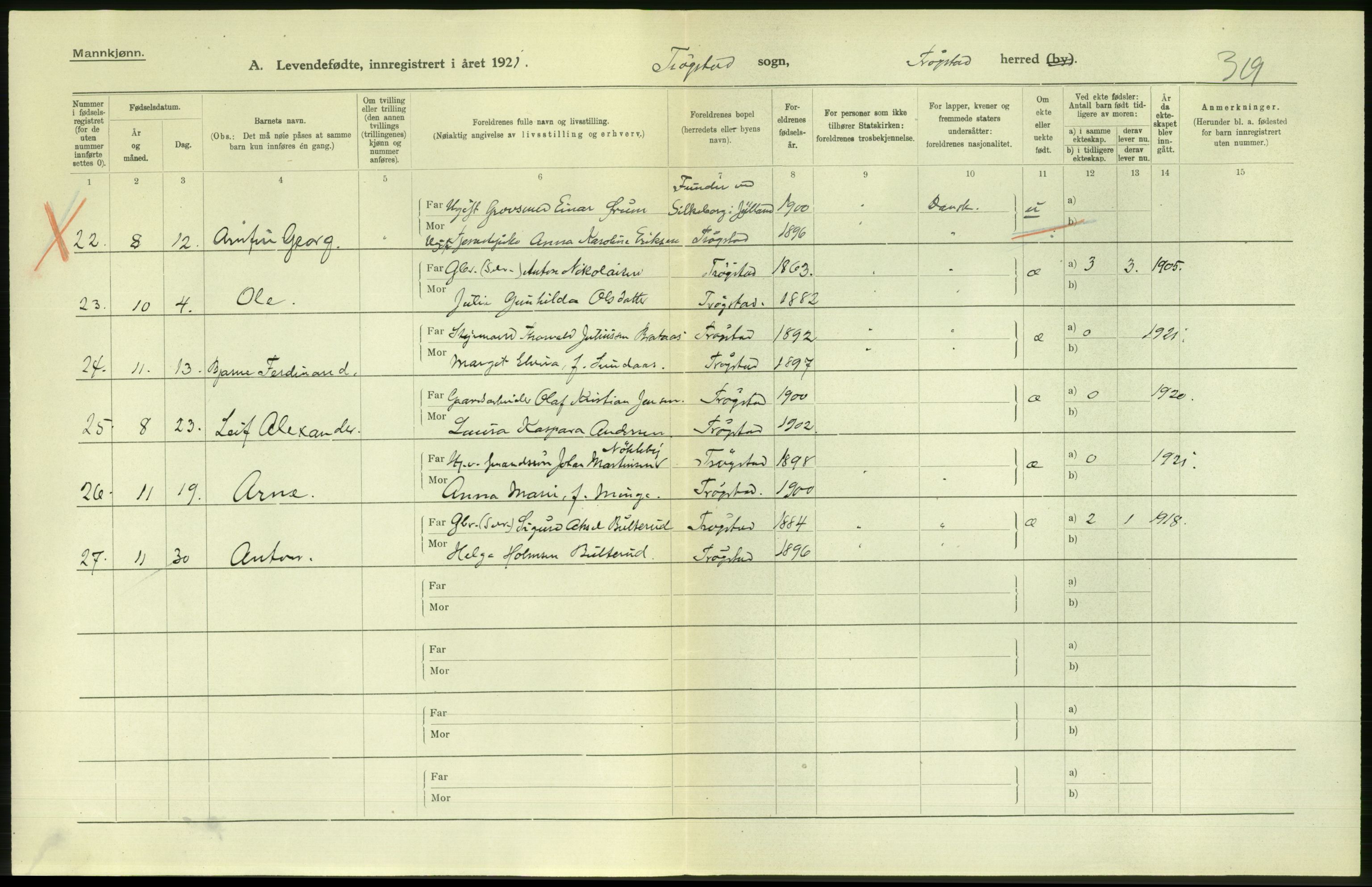 Statistisk sentralbyrå, Sosiodemografiske emner, Befolkning, AV/RA-S-2228/D/Df/Dfc/Dfca/L0001: Østfold fylke: Levendefødte menn og kvinner. Bygder., 1921, p. 6