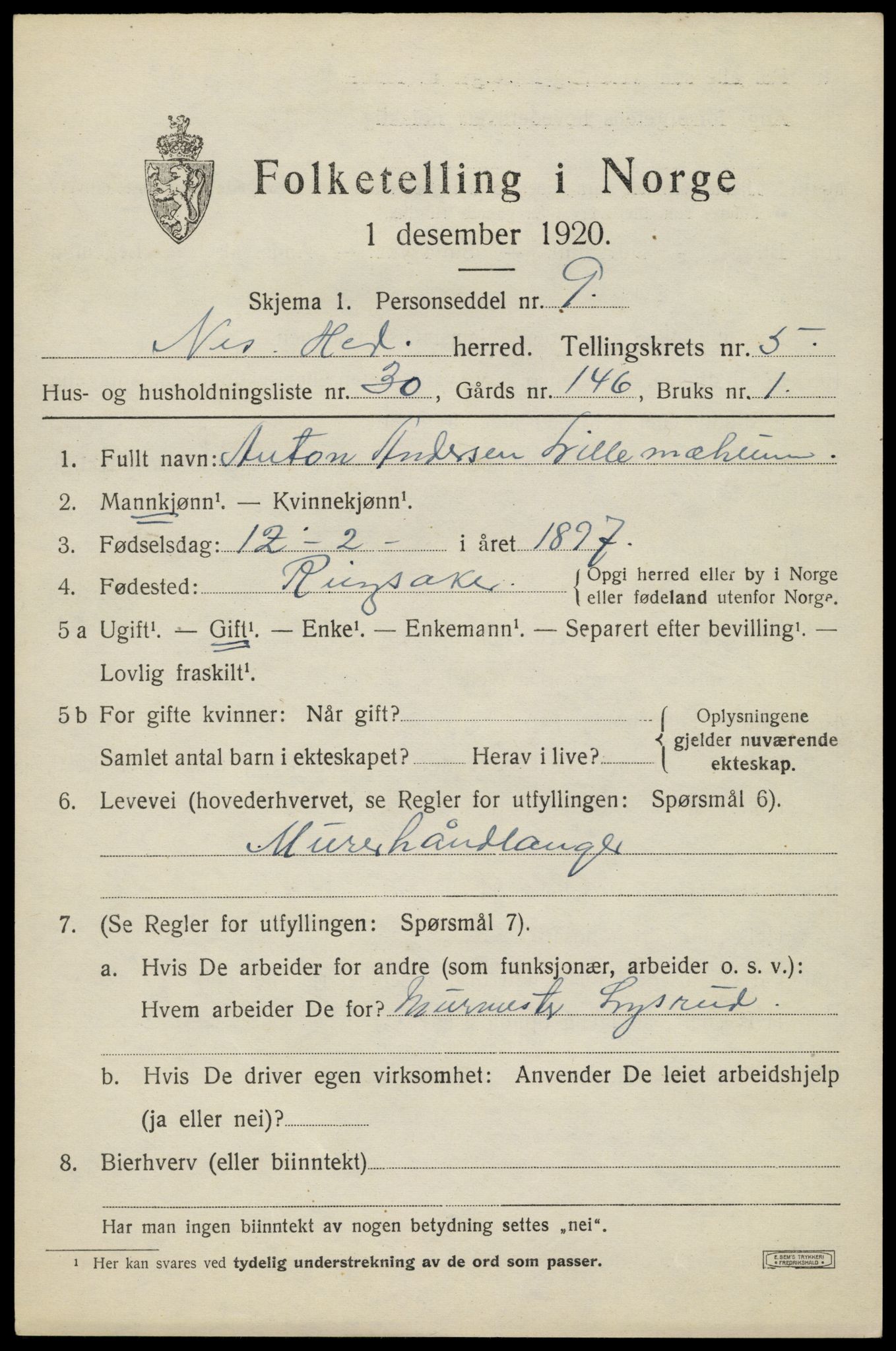 SAH, 1920 census for Nes (Hedmark), 1920, p. 7350