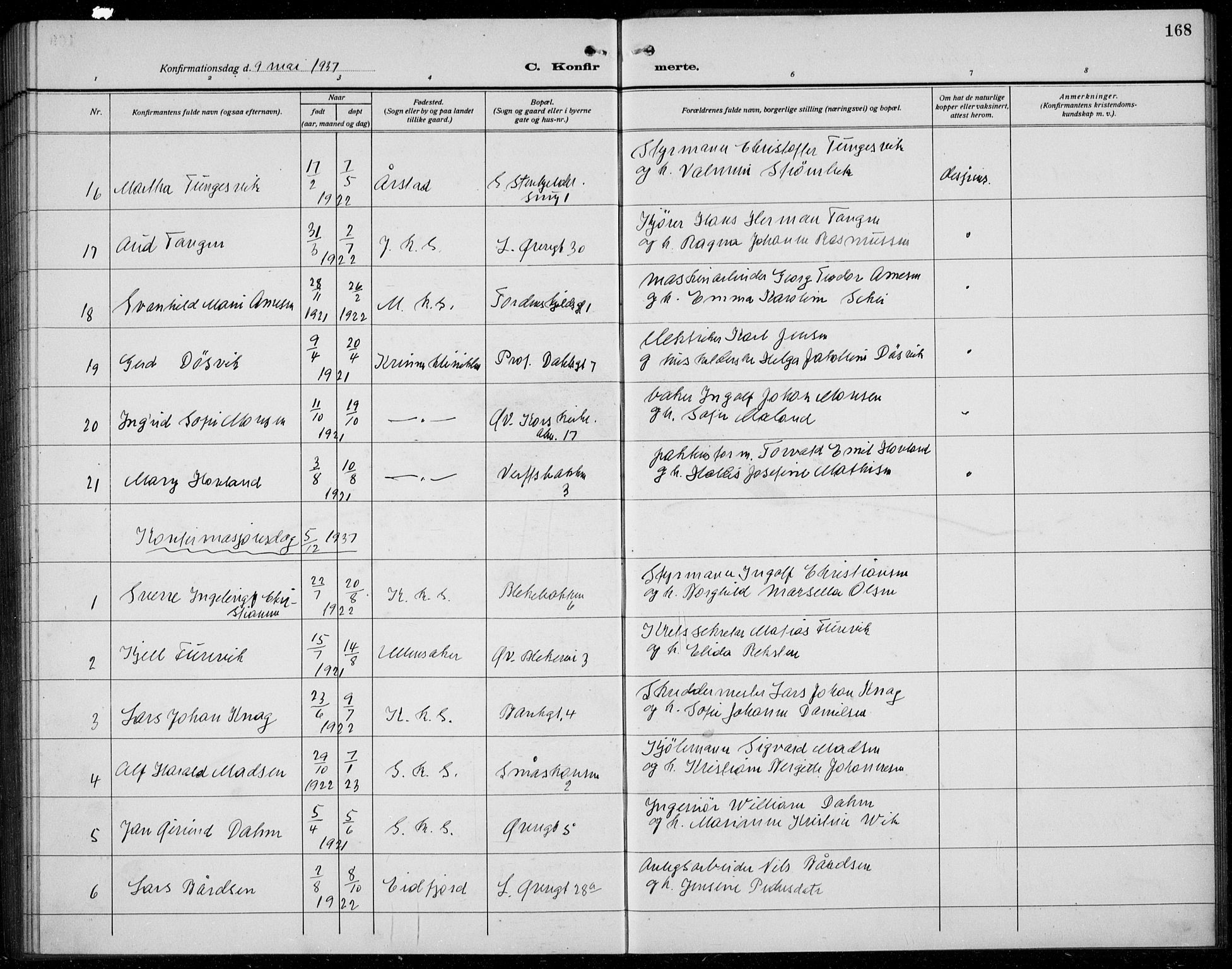 Korskirken sokneprestembete, AV/SAB-A-76101/H/Hab: Parish register (copy) no. C 6, 1918-1941, p. 168