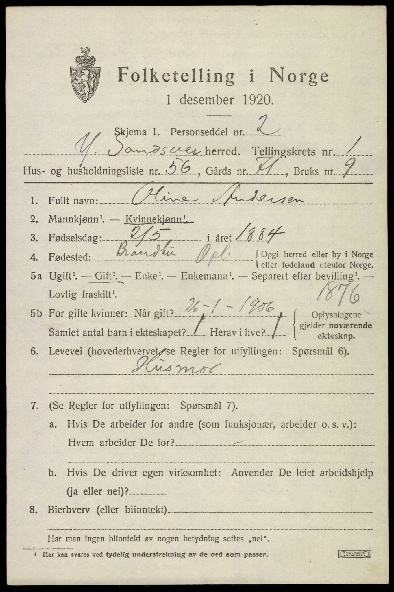 SAKO, 1920 census for Ytre Sandsvær, 1920, p. 1740