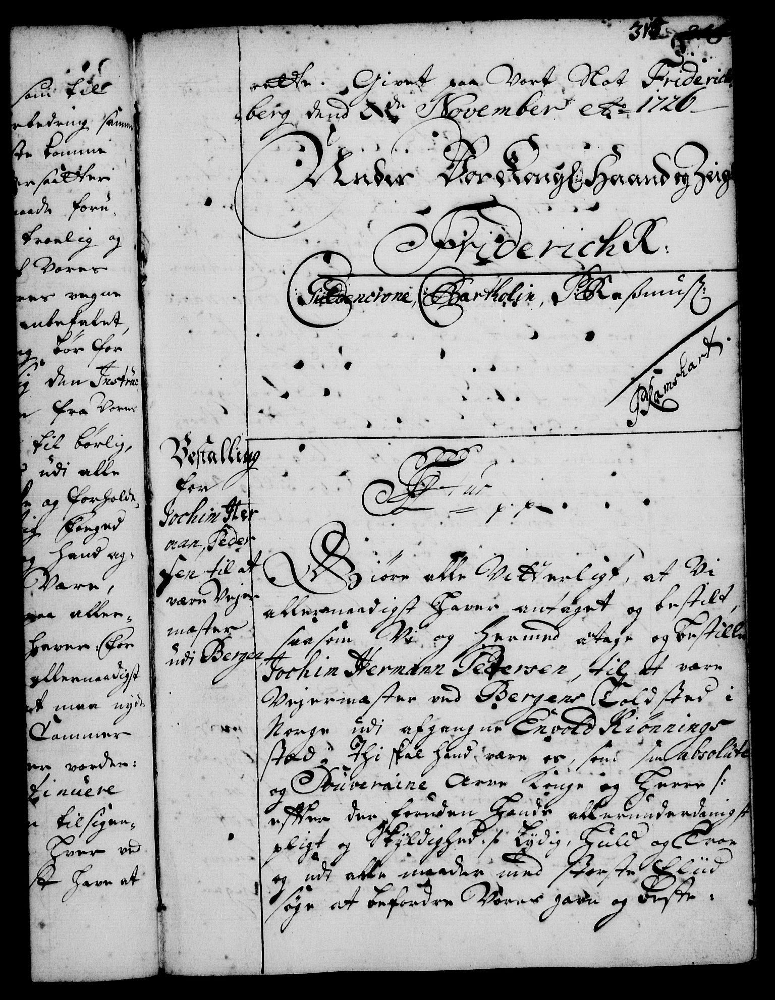 Rentekammeret, Kammerkanselliet, AV/RA-EA-3111/G/Gg/Gge/L0001: Norsk bestallingsprotokoll med register (merket RK 53.25), 1720-1730, p. 315