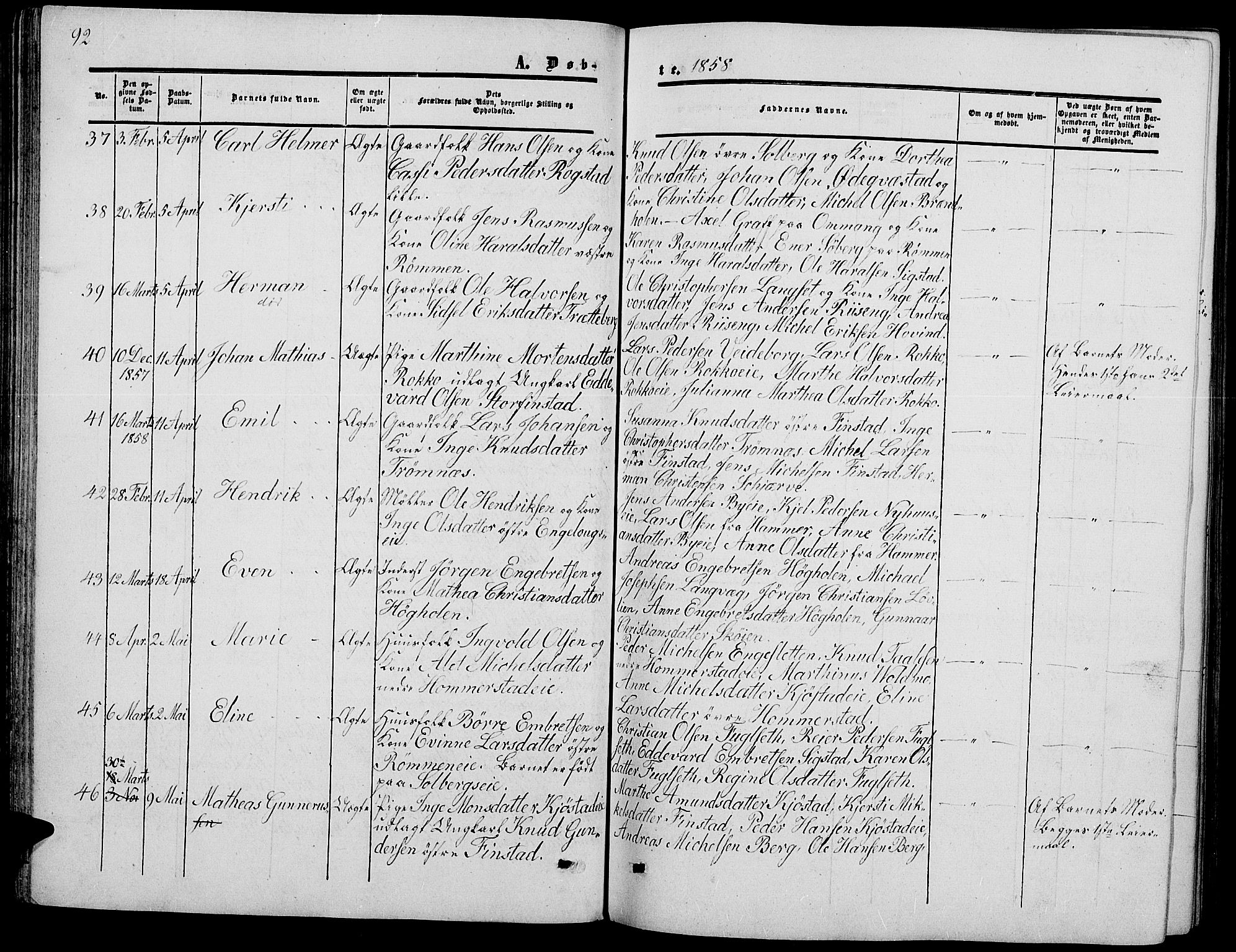 Løten prestekontor, SAH/PREST-022/L/La/L0003: Parish register (copy) no. 3, 1850-1862, p. 92
