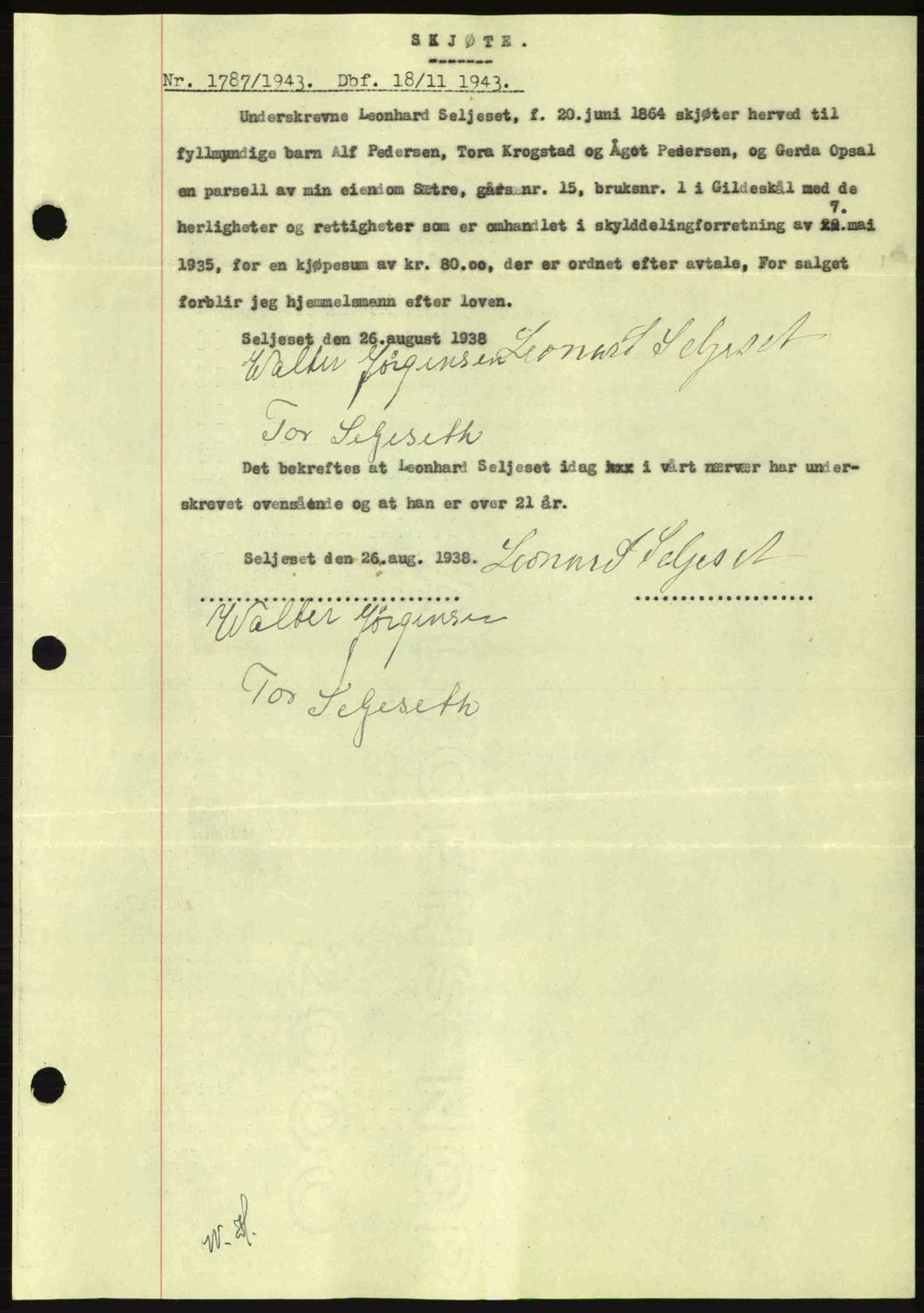 Salten sorenskriveri, AV/SAT-A-4578/1/2/2C: Mortgage book no. A14-15, 1943-1945, Diary no: : 1787/1943