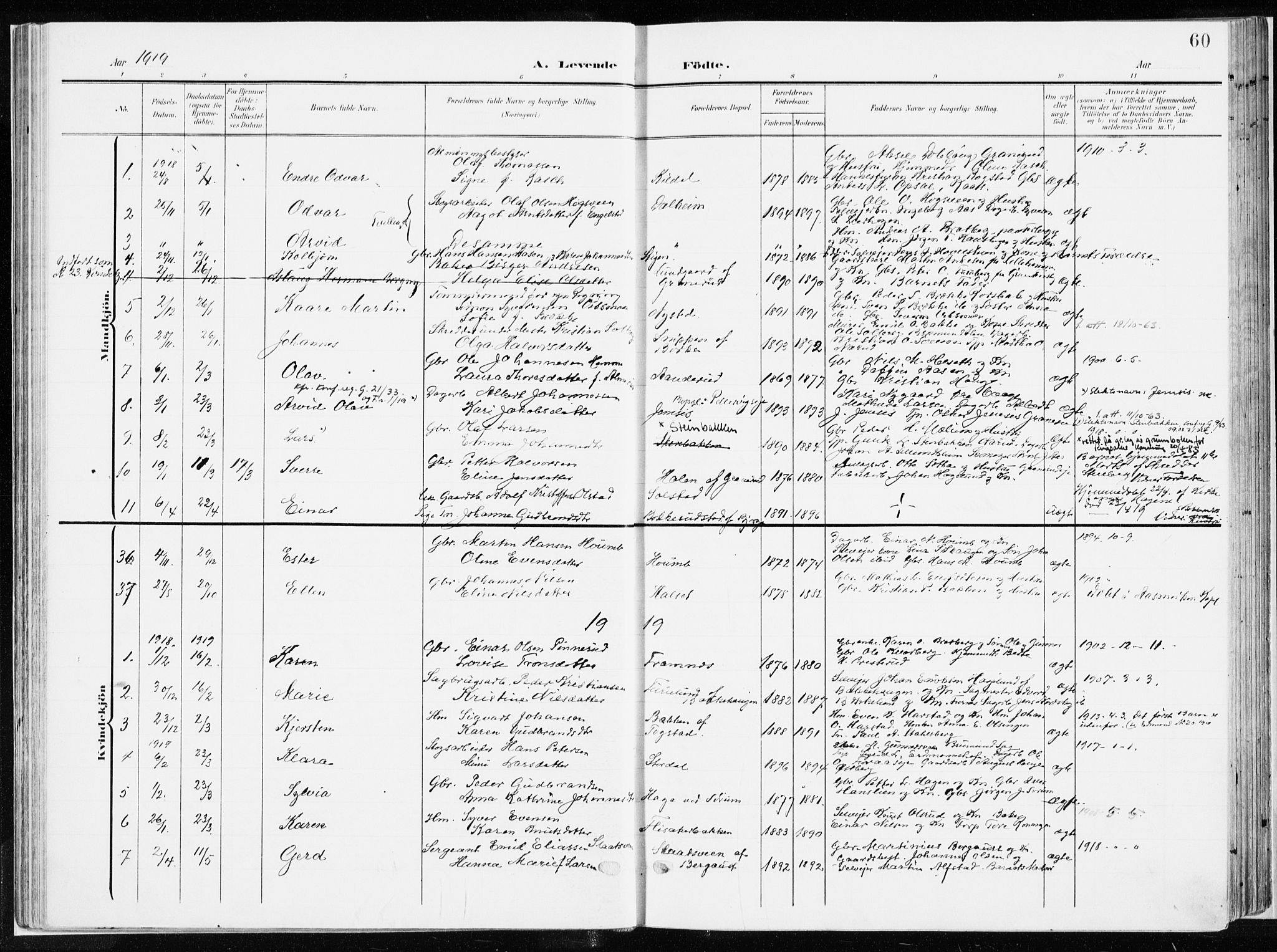 Ringsaker prestekontor, AV/SAH-PREST-014/K/Ka/L0019: Parish register (official) no. 19, 1905-1920, p. 60