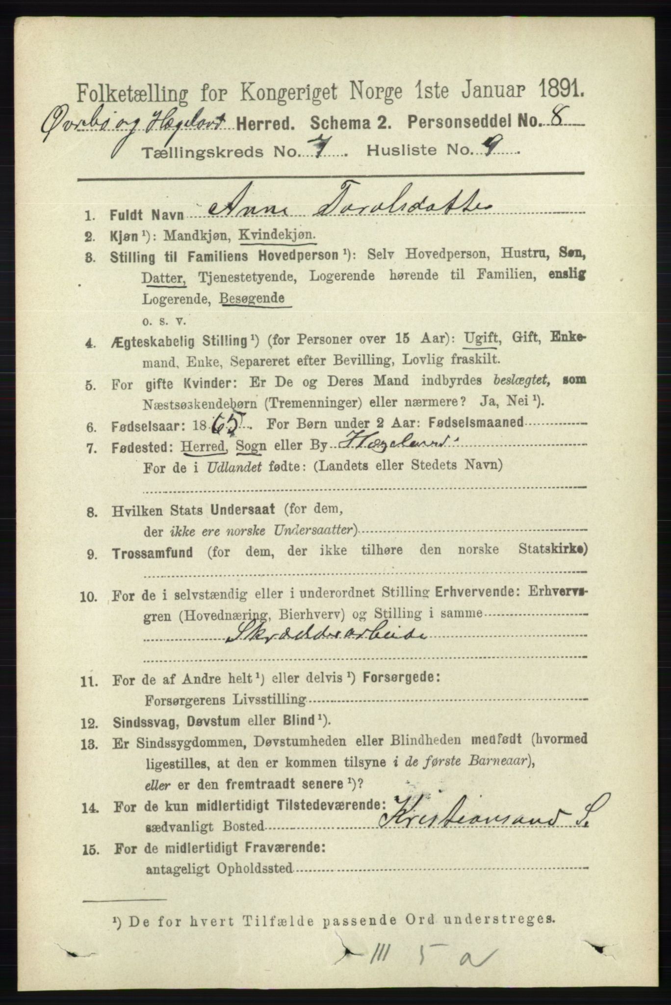 RA, 1891 census for 1016 Øvrebø og Hægeland, 1891, p. 1397