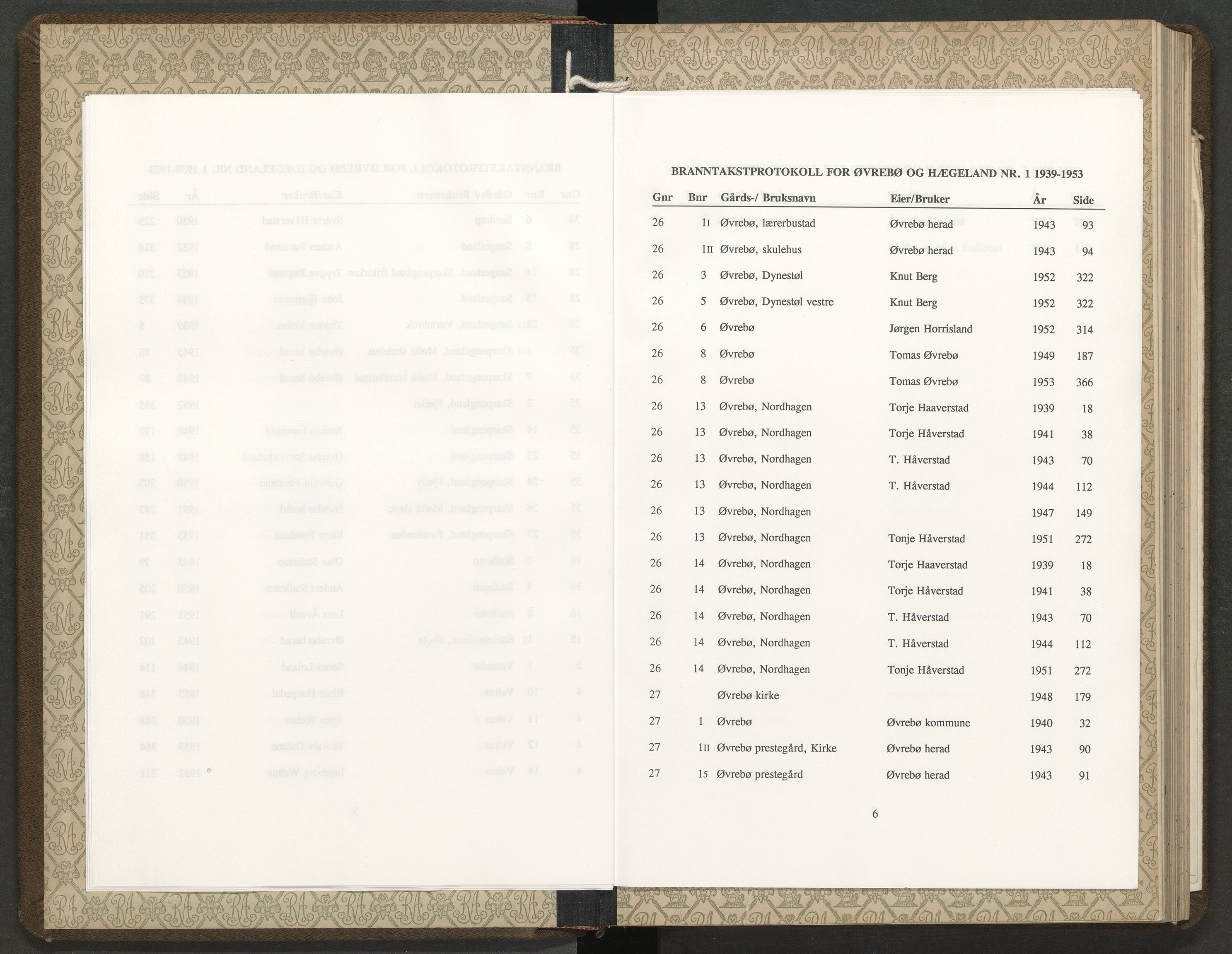 Norges Brannkasse Øvrebø og Hægeland, AV/SAK-2241-0058/F/Fa/L0001: Branntakstprotokoll nr. 1 med gårdsnavnregister, 1939-1953