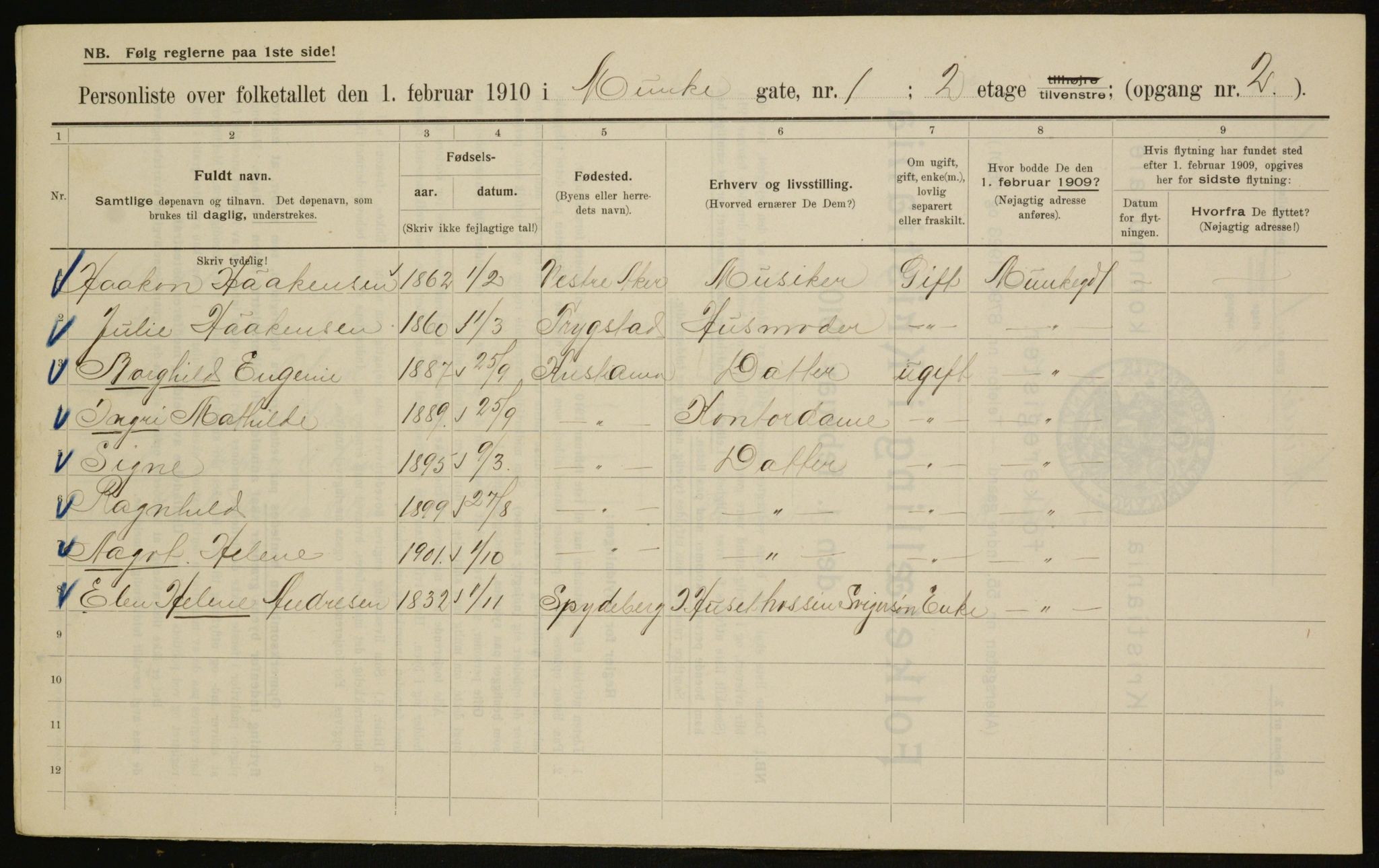 OBA, Municipal Census 1910 for Kristiania, 1910, p. 65607