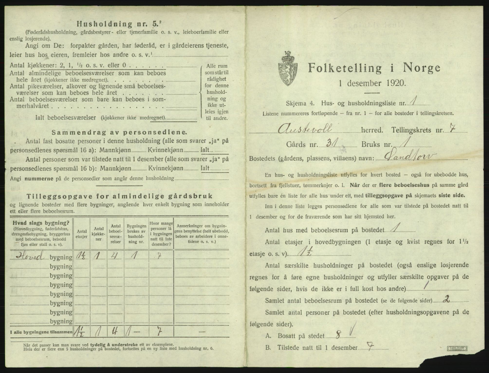 SAB, 1920 census for Austevoll, 1920, p. 453