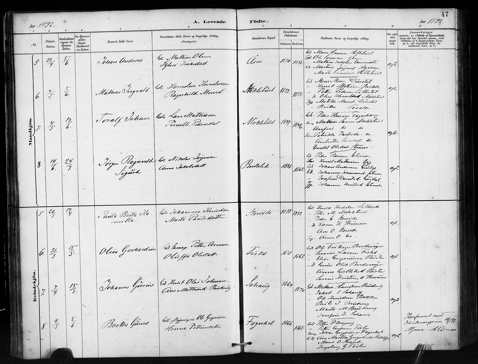 Ministerialprotokoller, klokkerbøker og fødselsregistre - Møre og Romsdal, AV/SAT-A-1454/501/L0008: Parish register (official) no. 501A08, 1885-1901, p. 47