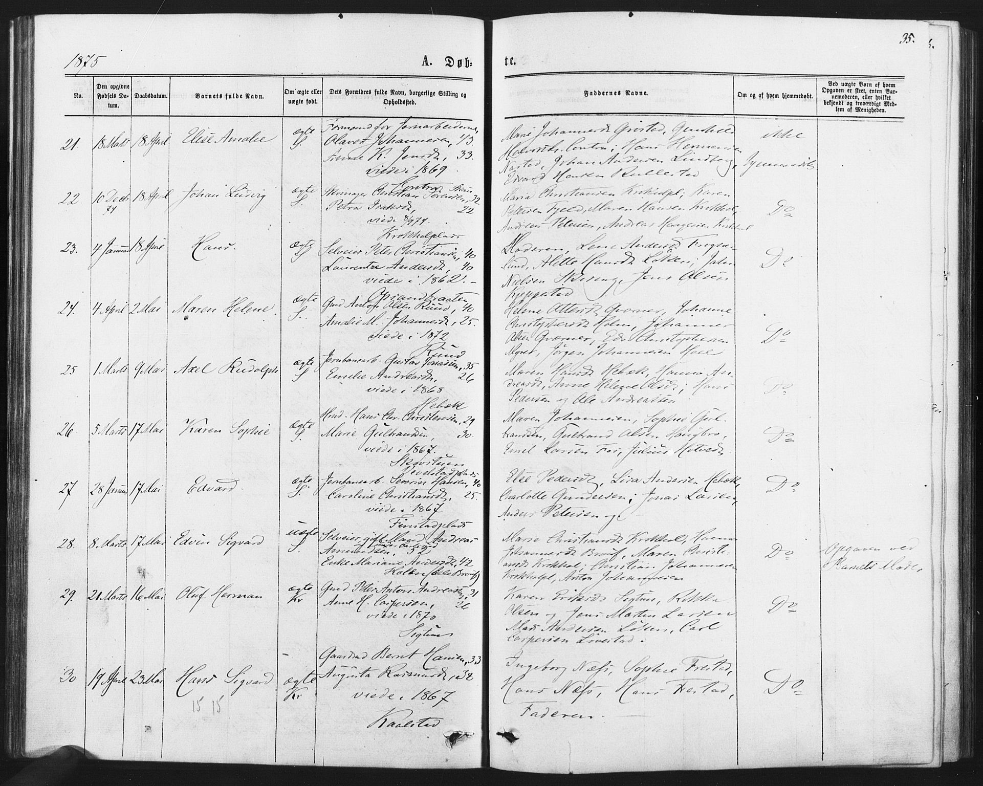 Kråkstad prestekontor Kirkebøker, SAO/A-10125a/F/Fa/L0008: Parish register (official) no. I 8, 1870-1879, p. 35