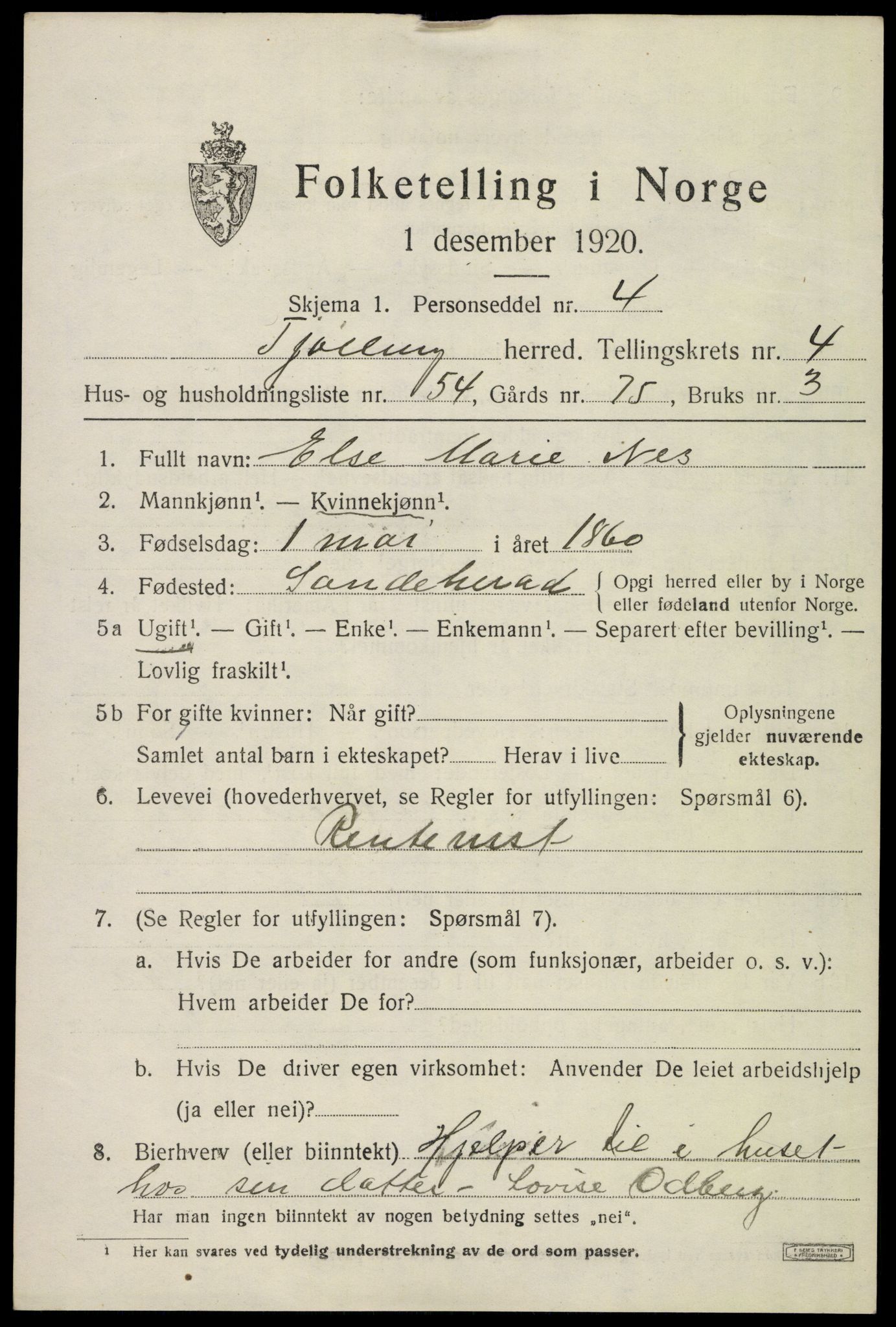 SAKO, 1920 census for Tjølling, 1920, p. 8163
