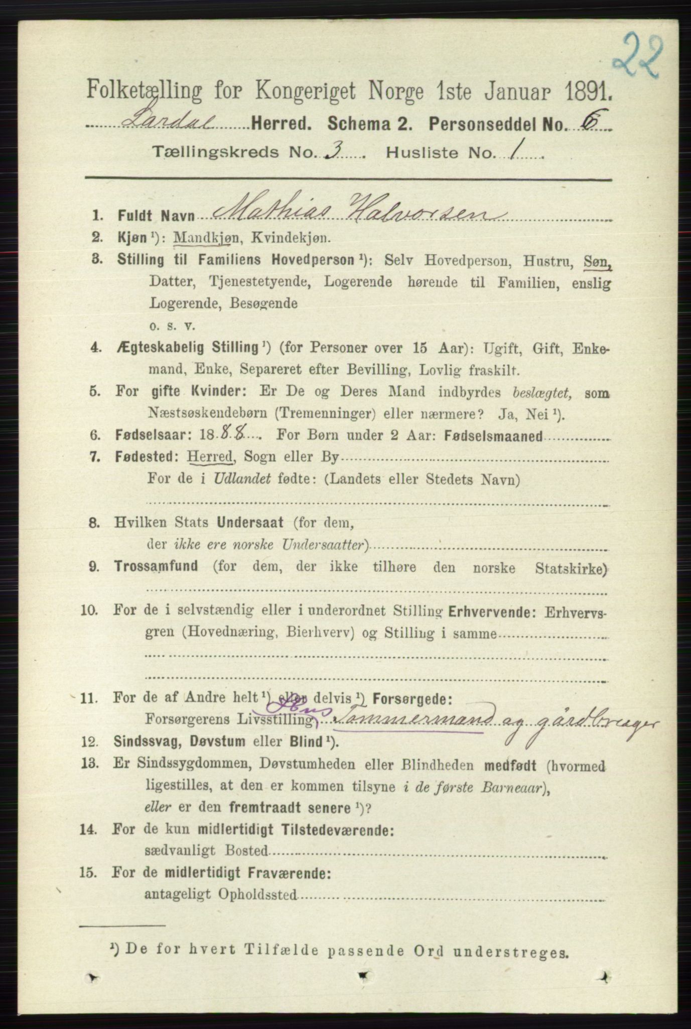 RA, 1891 census for 0728 Lardal, 1891, p. 1332