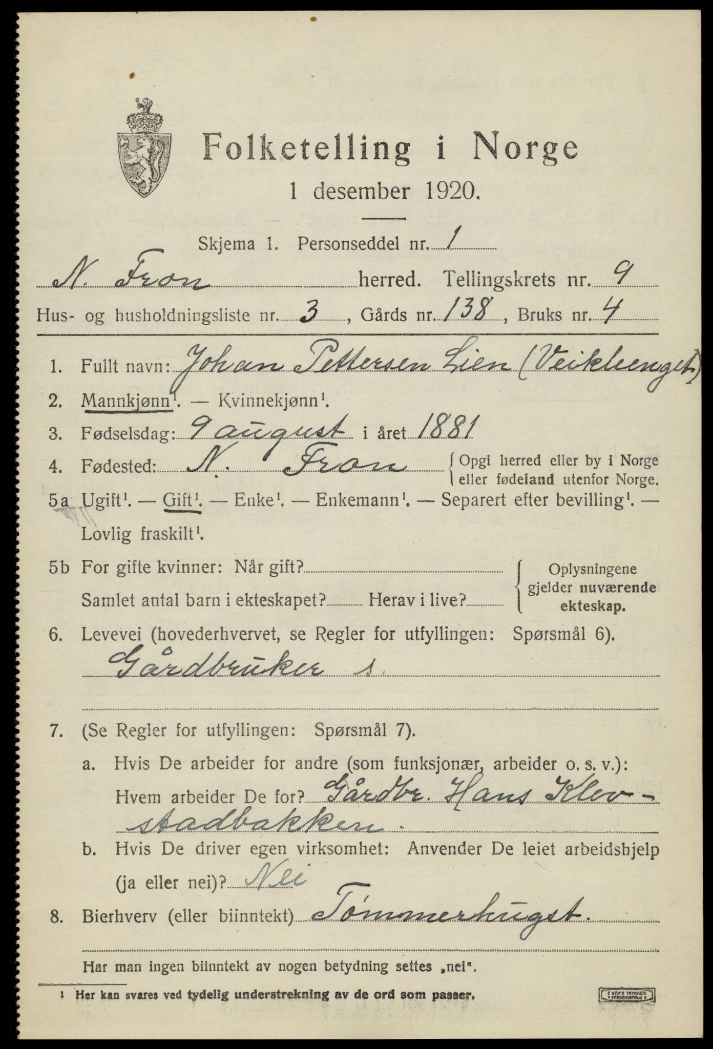 SAH, 1920 census for Nord-Fron, 1920, p. 7492