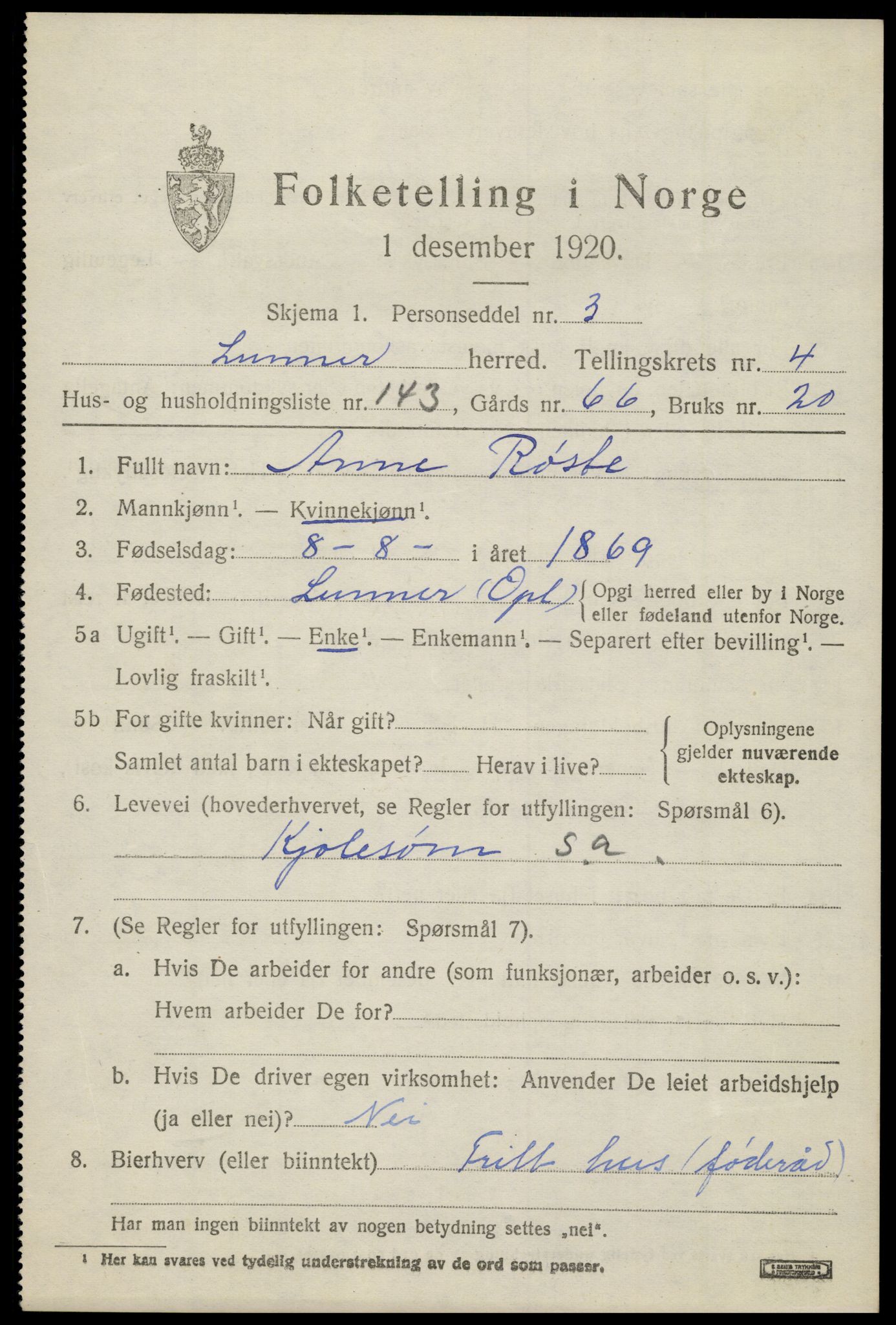 SAH, 1920 census for Lunner, 1920, p. 6909