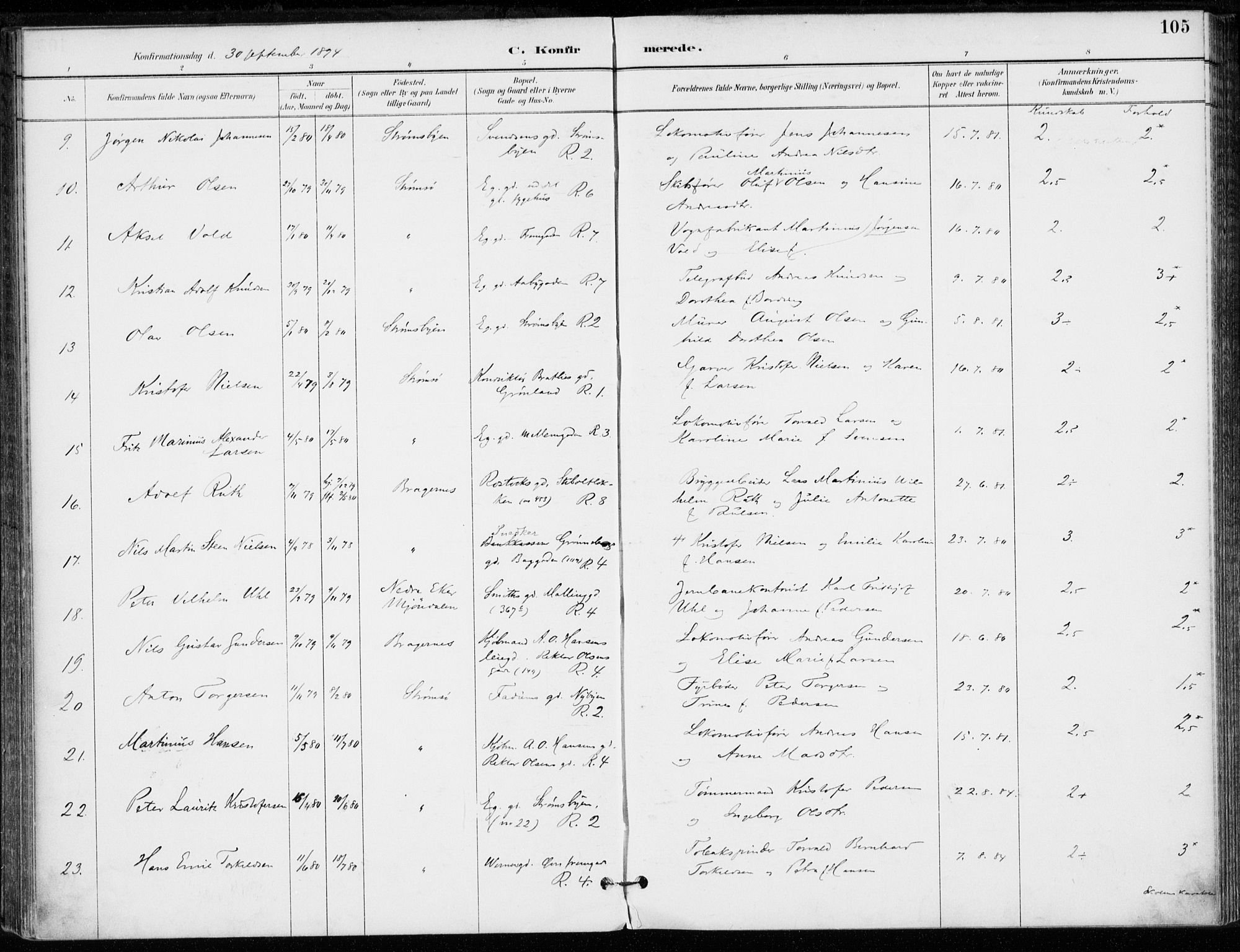 Strømsø kirkebøker, AV/SAKO-A-246/F/Fb/L0007: Parish register (official) no. II 7, 1887-1928, p. 105