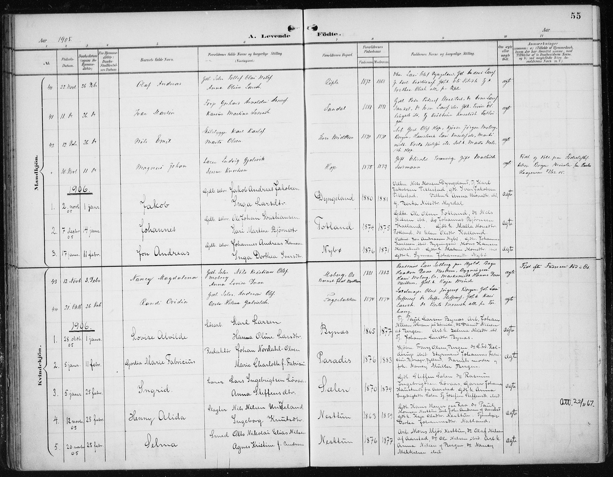 Fana Sokneprestembete, AV/SAB-A-75101/H/Haa/Haai/L0003: Parish register (official) no. I 3, 1900-1912, p. 55