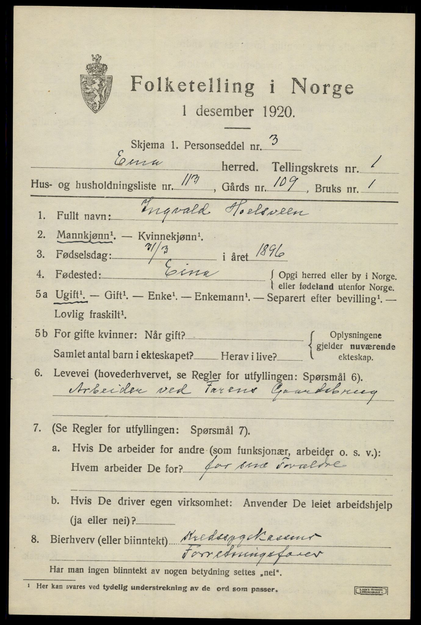 SAH, 1920 census for Eina, 1920, p. 1760