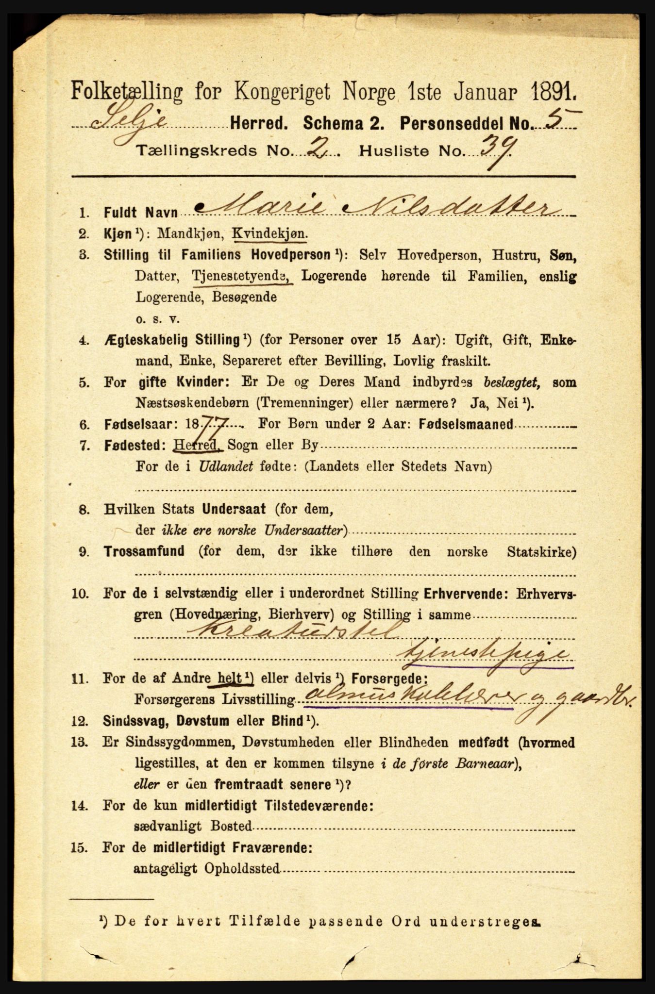 RA, 1891 census for 1441 Selje, 1891, p. 578