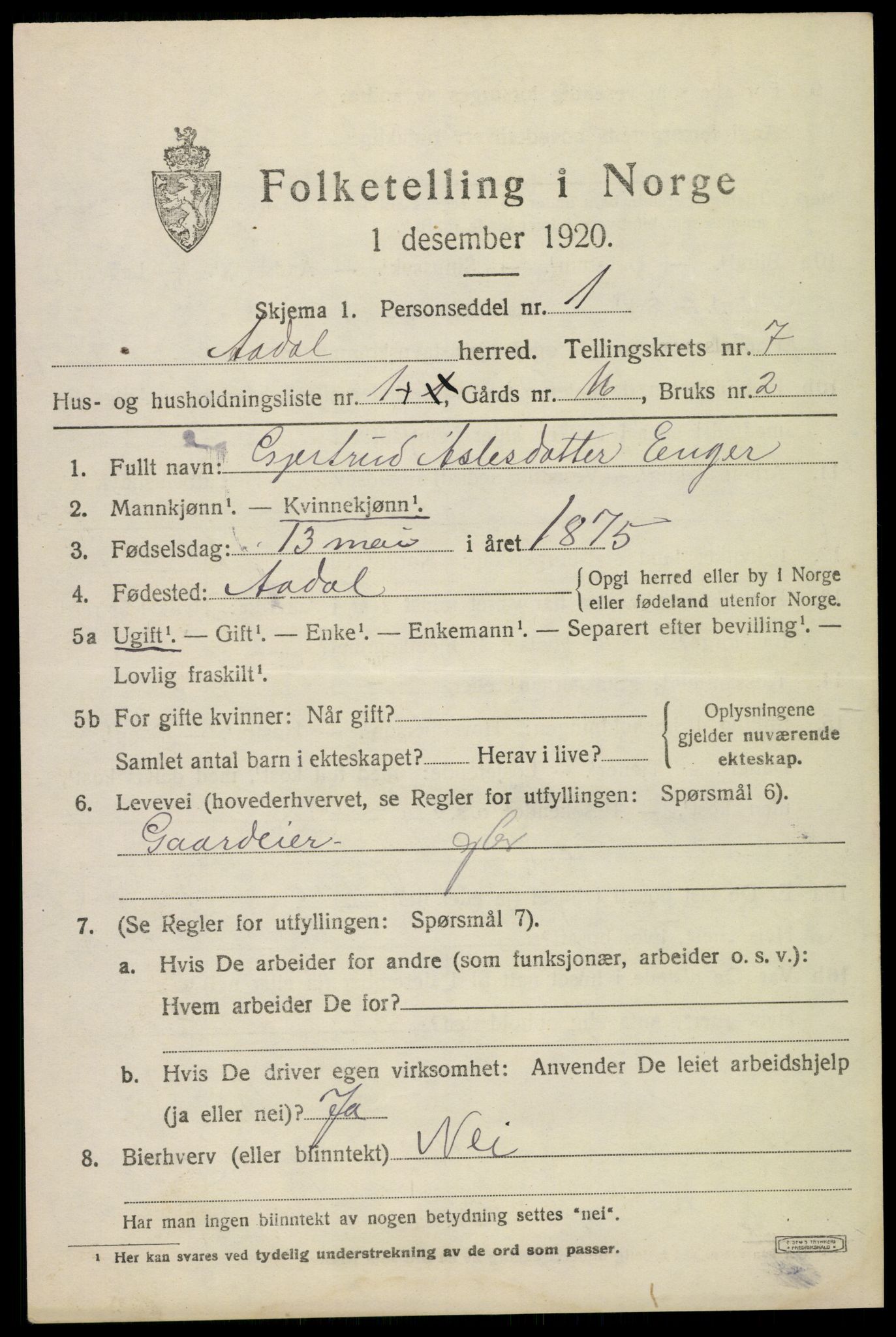 SAKO, 1920 census for Ådal, 1920, p. 4986